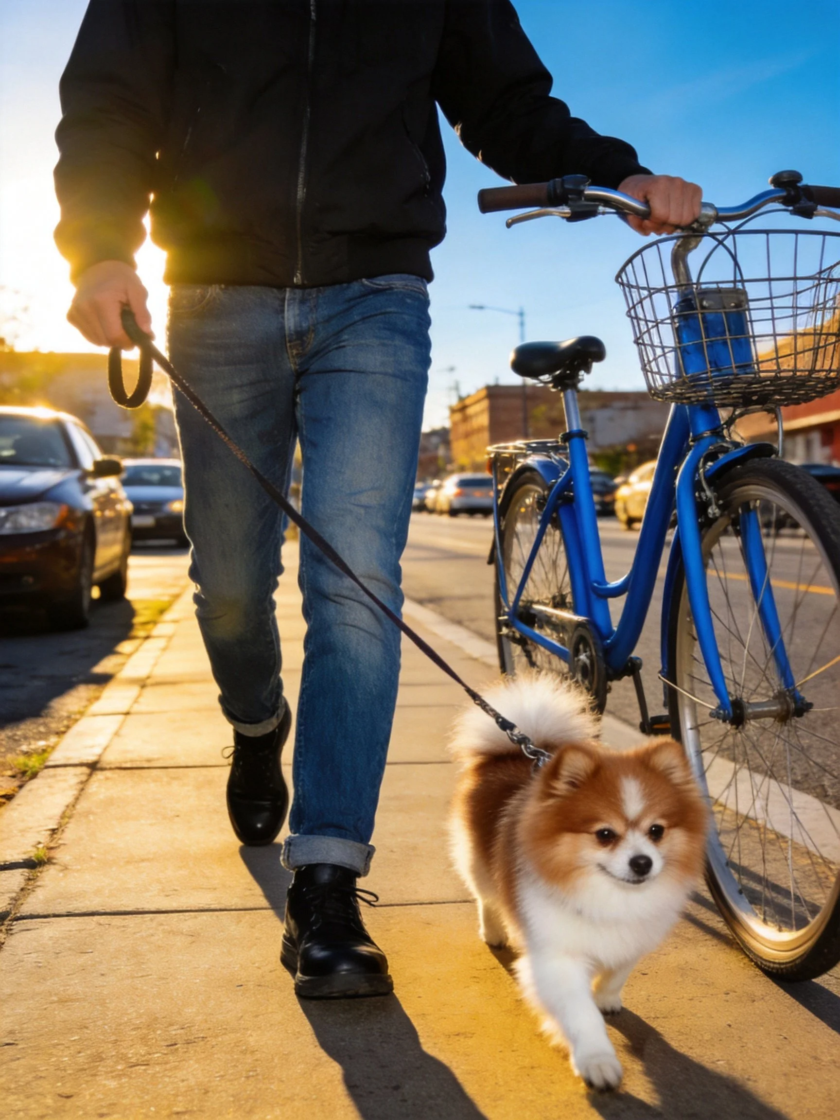 A person walks a small dog beside a blue bicycle on a sunlit street.