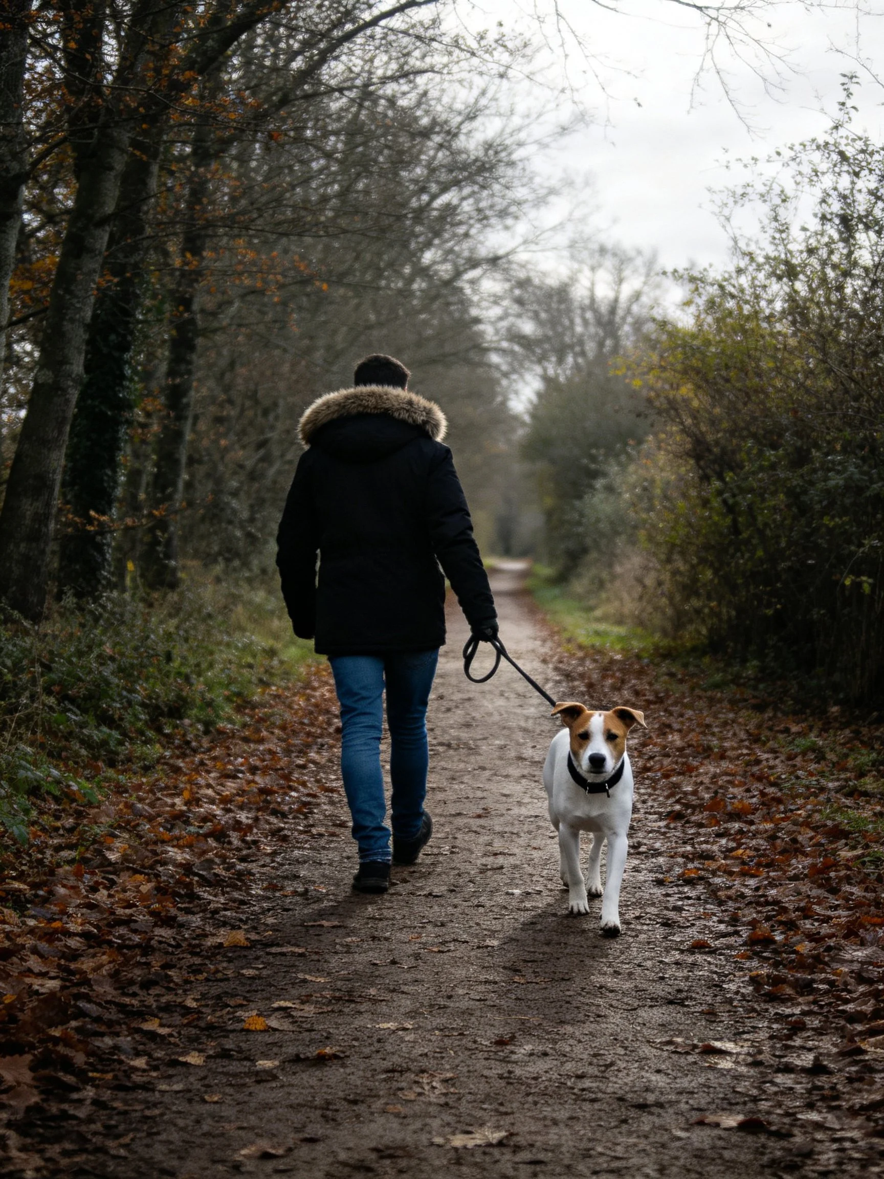 A person walks a dog along a leaf-covered forest path.