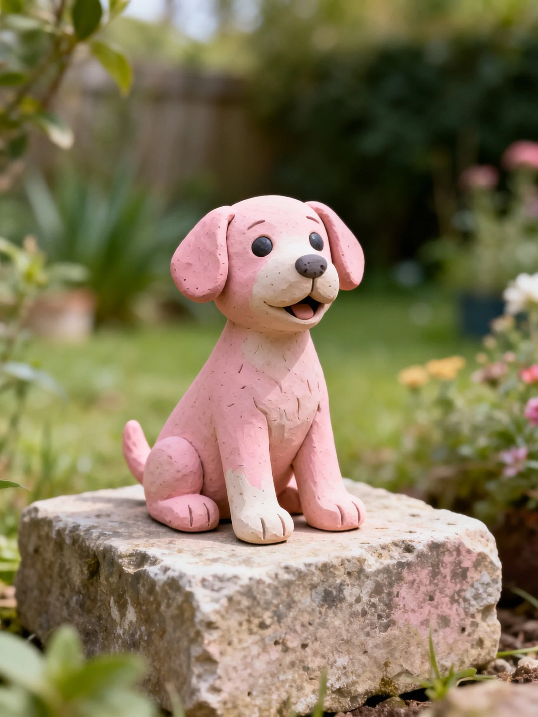 A pink ceramic puppy figurine rests on a stone in a garden