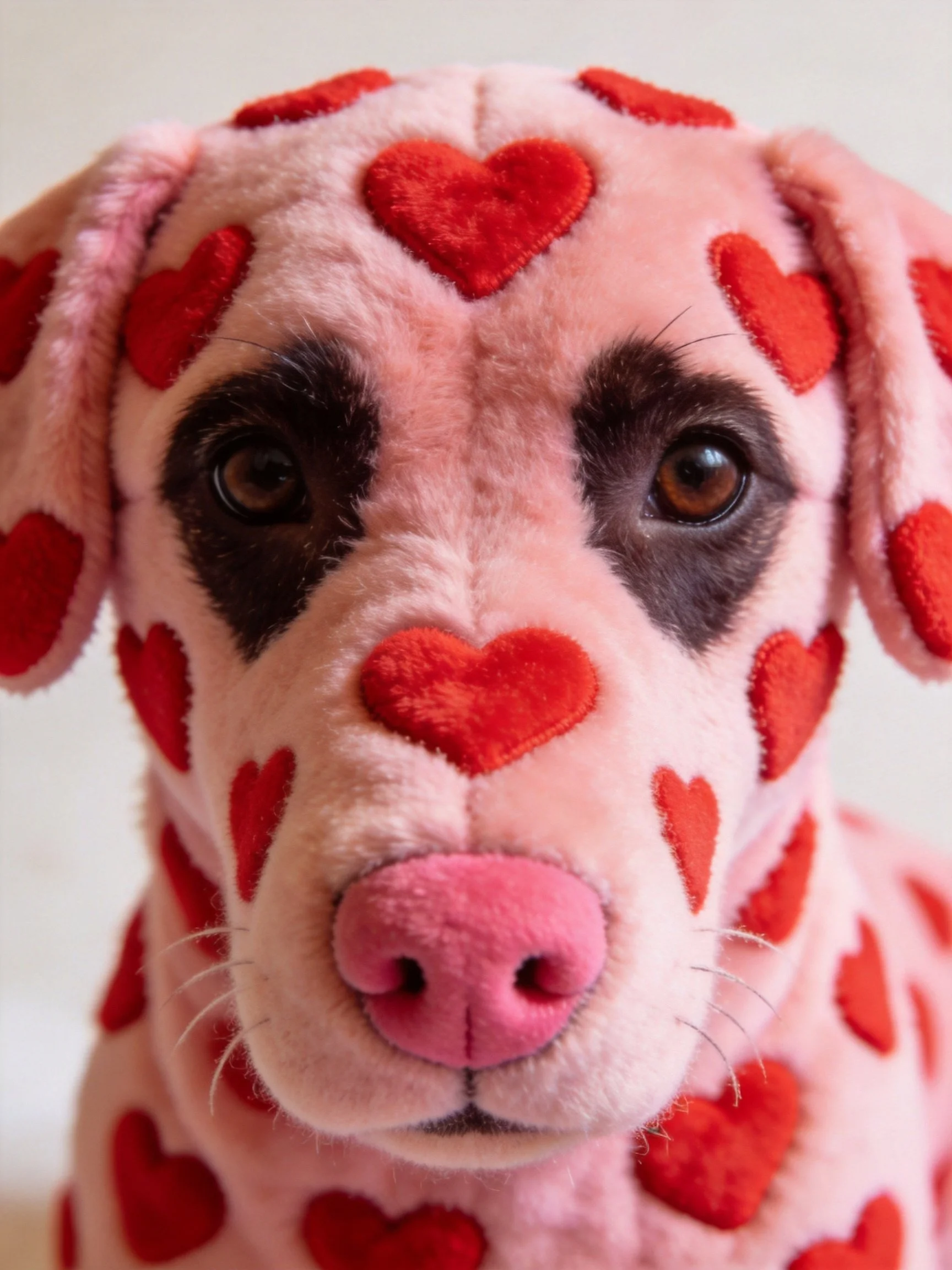 A pink plush dog covered in red heart decorations.