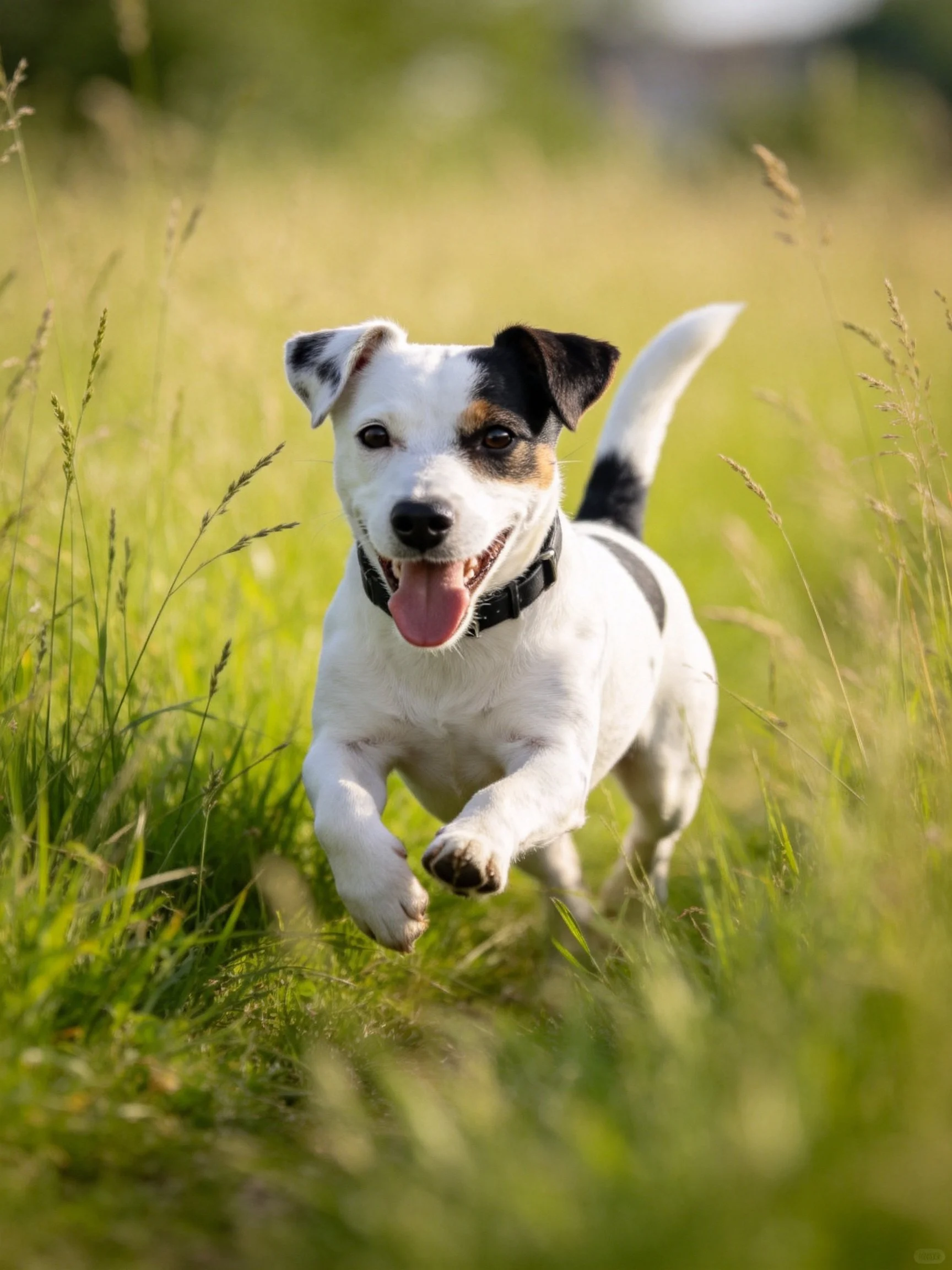 A Jack Russell terrier joyfully runs through a sunlit meadow of tall grass.