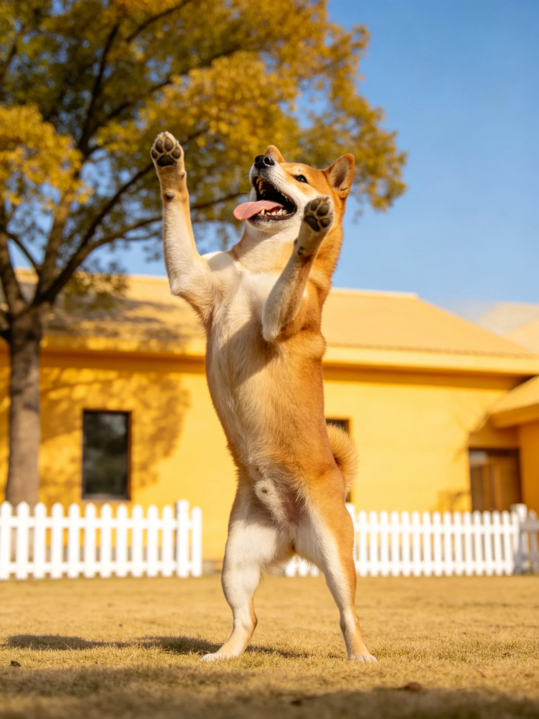 A playful Shiba Inu stands upright with raised paws near a yellow house