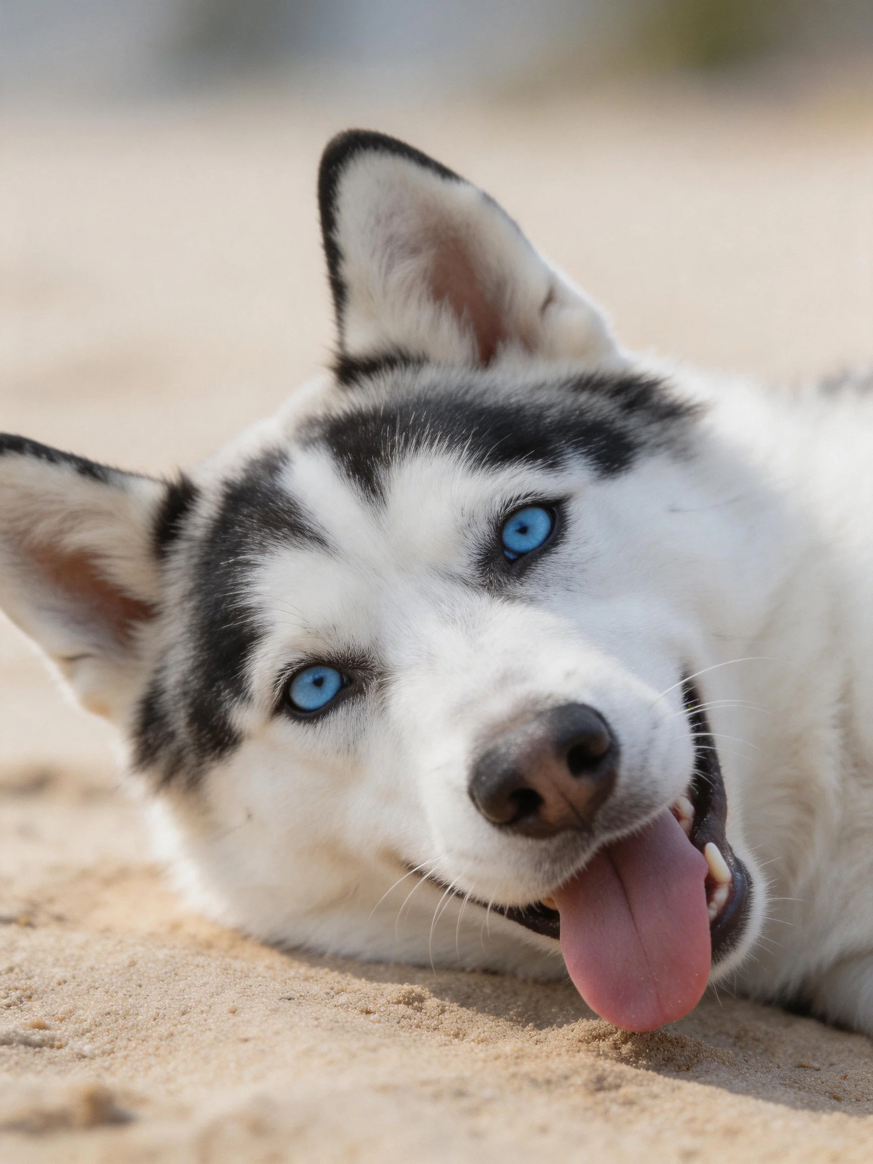 A Siberian husky puppy with striking blue eyes relaxes on sandy terrain.