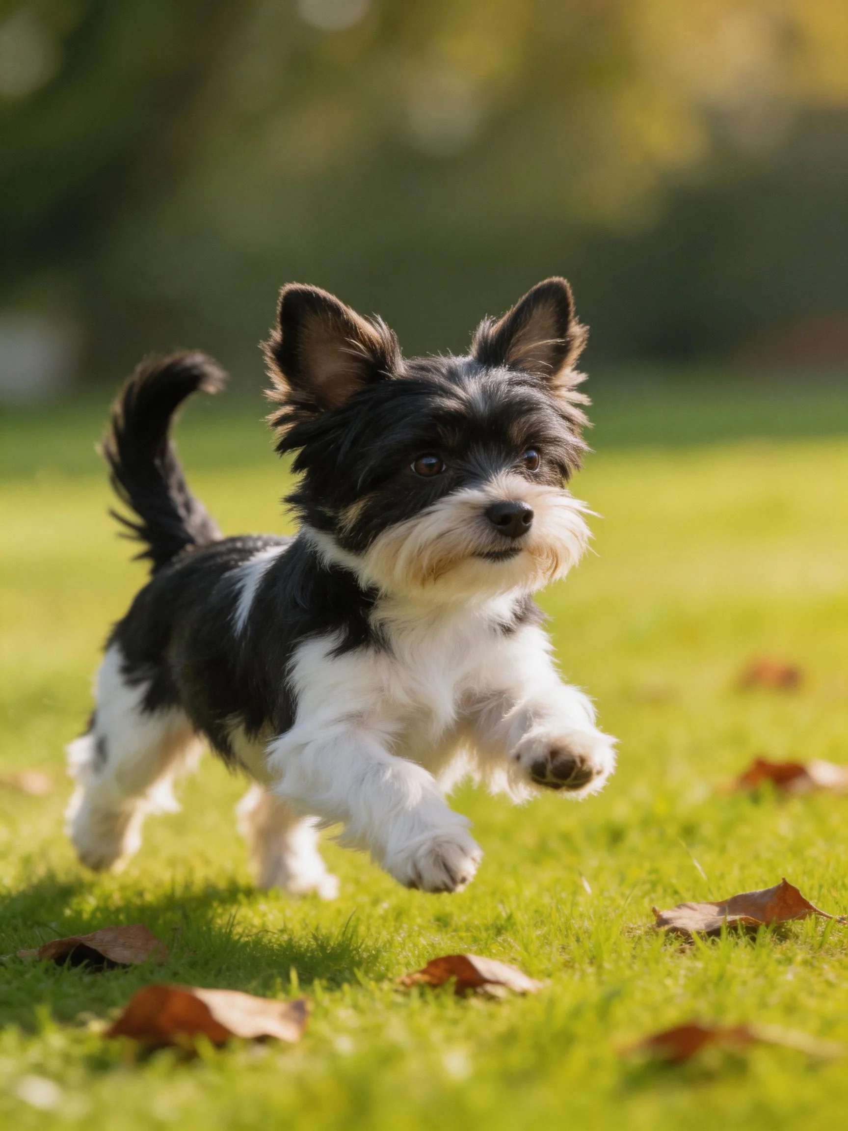 A small black and white puppy runs energetically on a grassy area with fallen leaves.