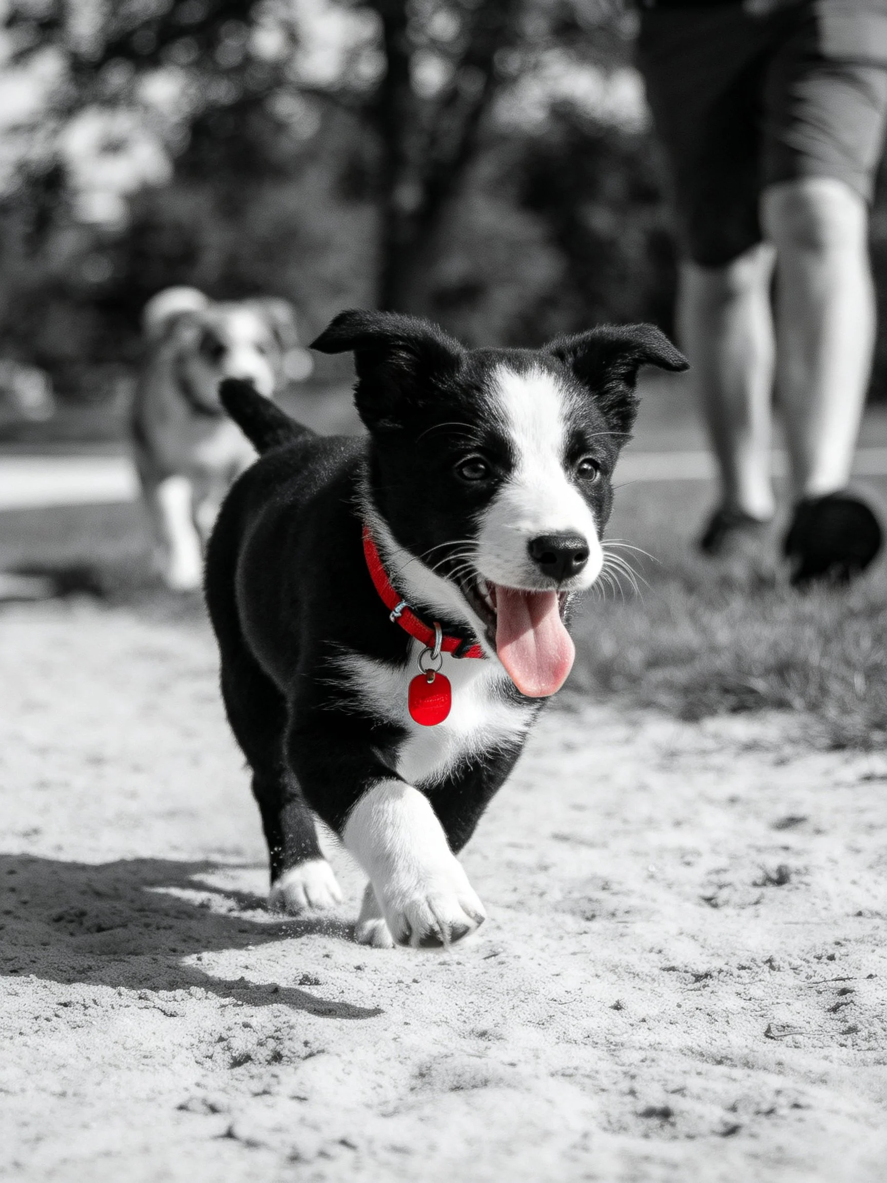 A playful black-and-white puppy runs with a bright red collar