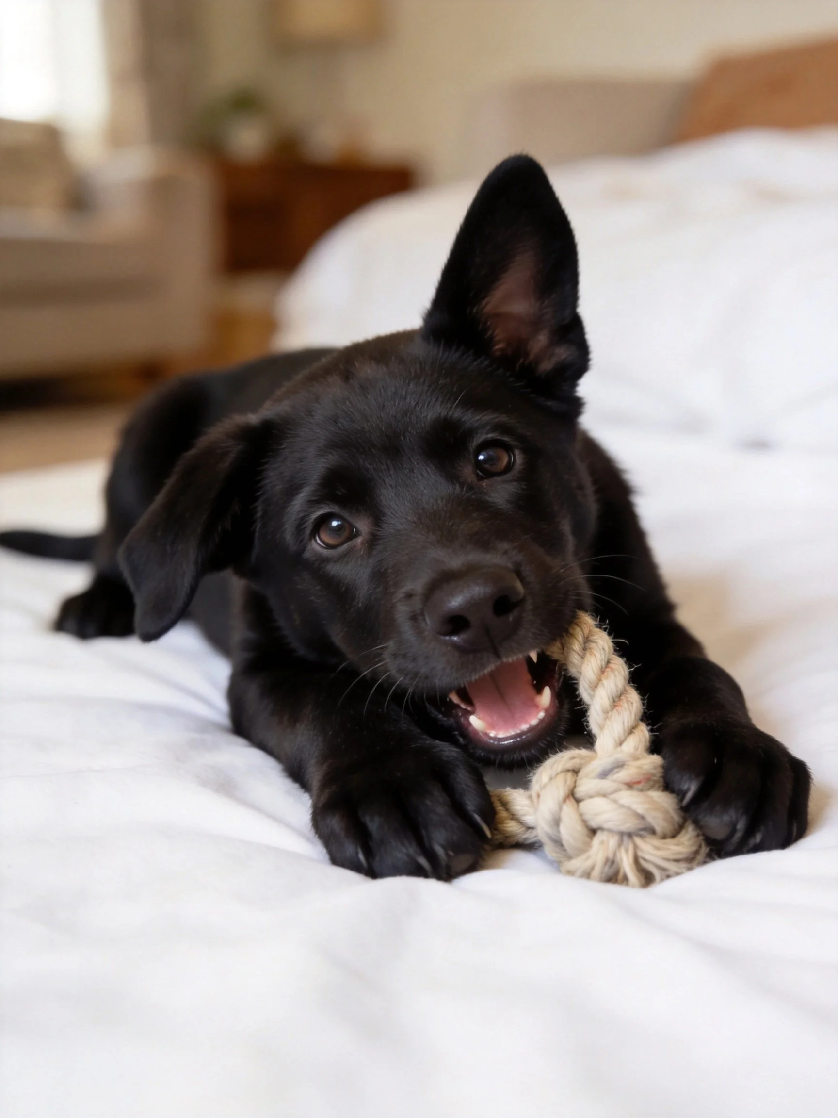A playful black puppy chewing a thick rope toy on a white bed