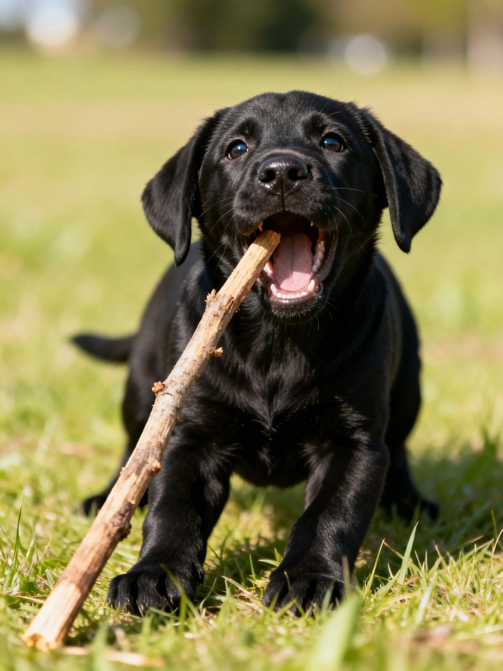 A playful black puppy chewing a wooden stick in a sunny meadow
