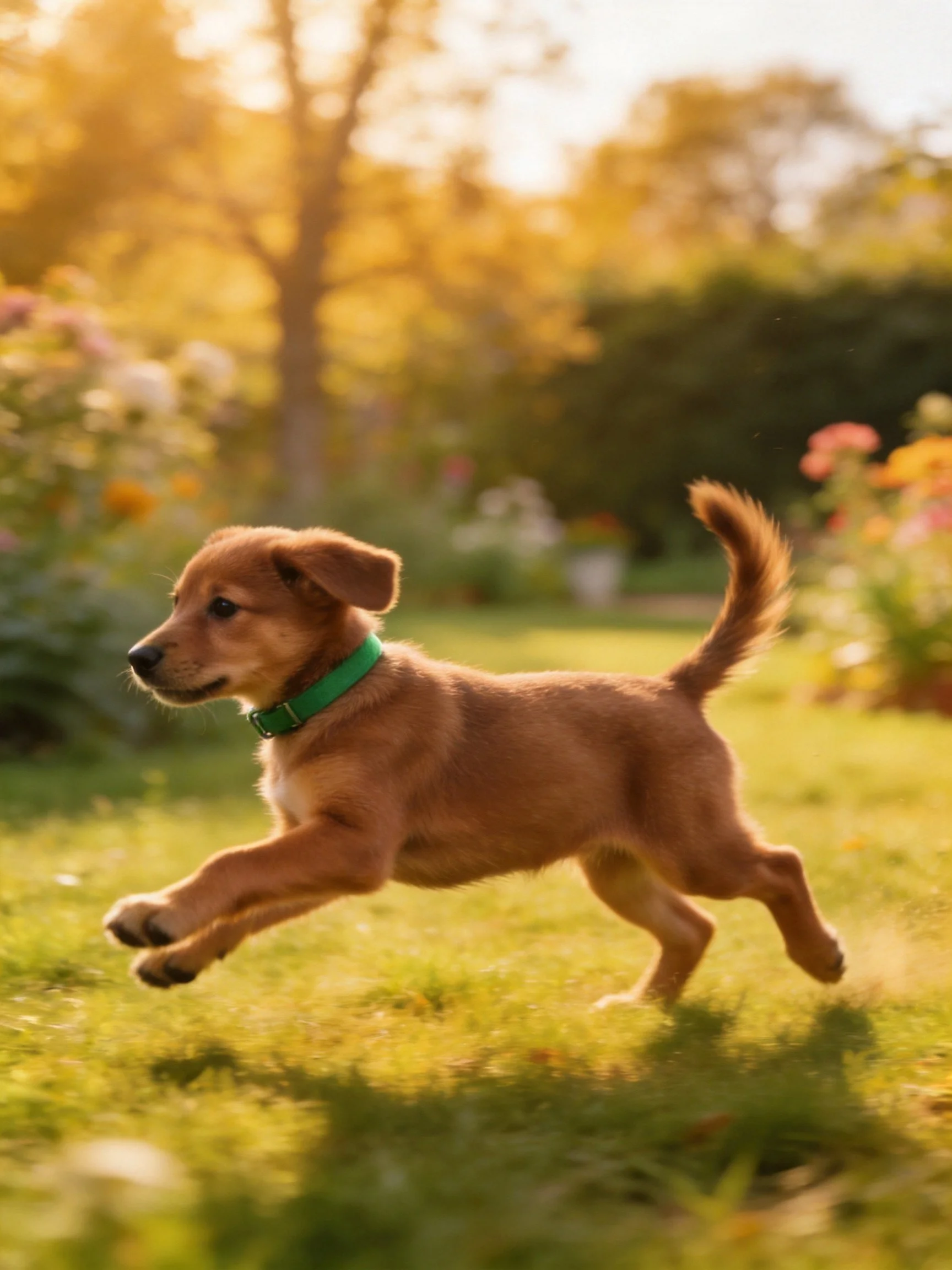 A brown puppy joyfully runs across a sunlit garden lawn.