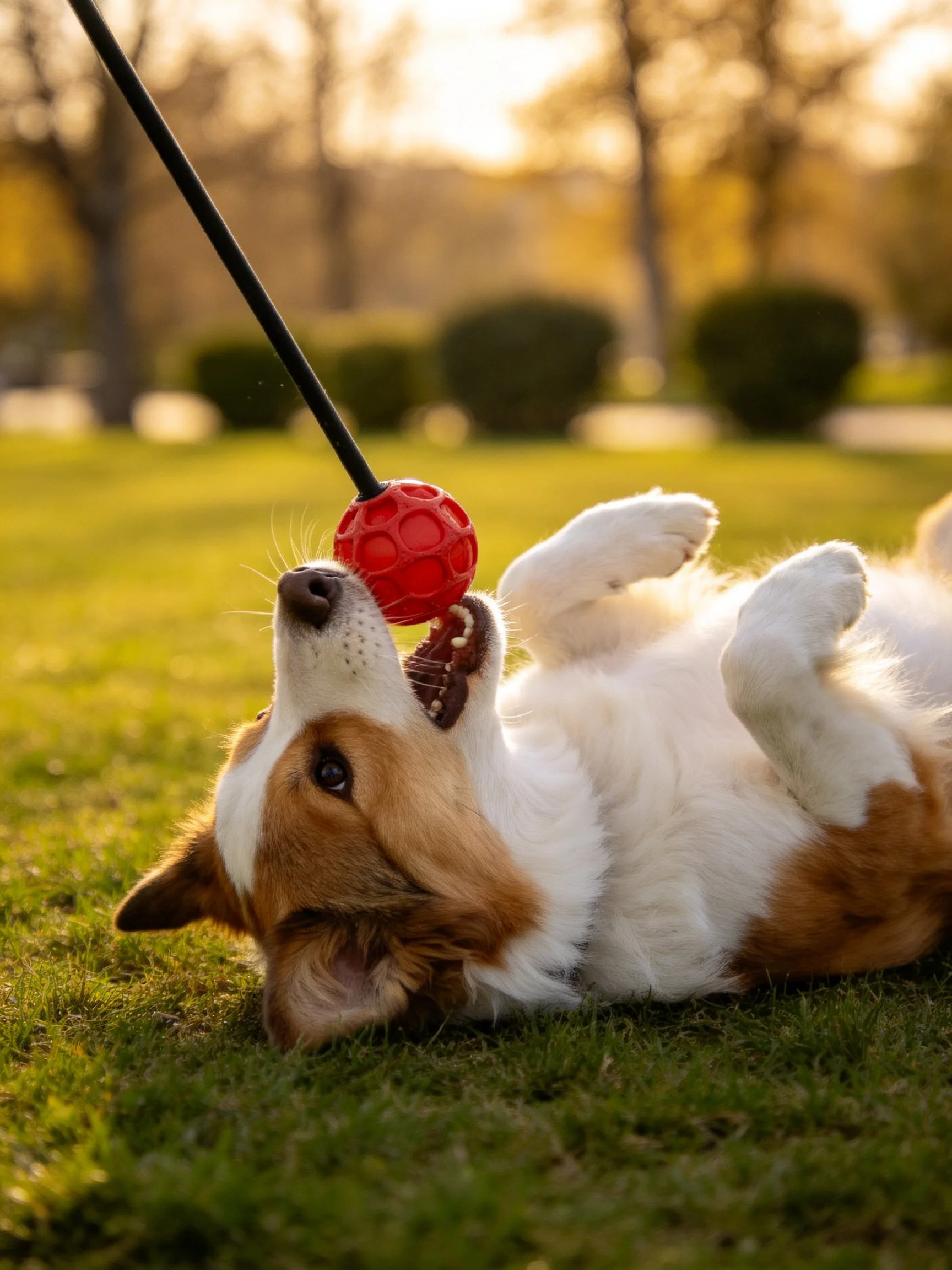 A playful corgi lies on grass chasing a red toy