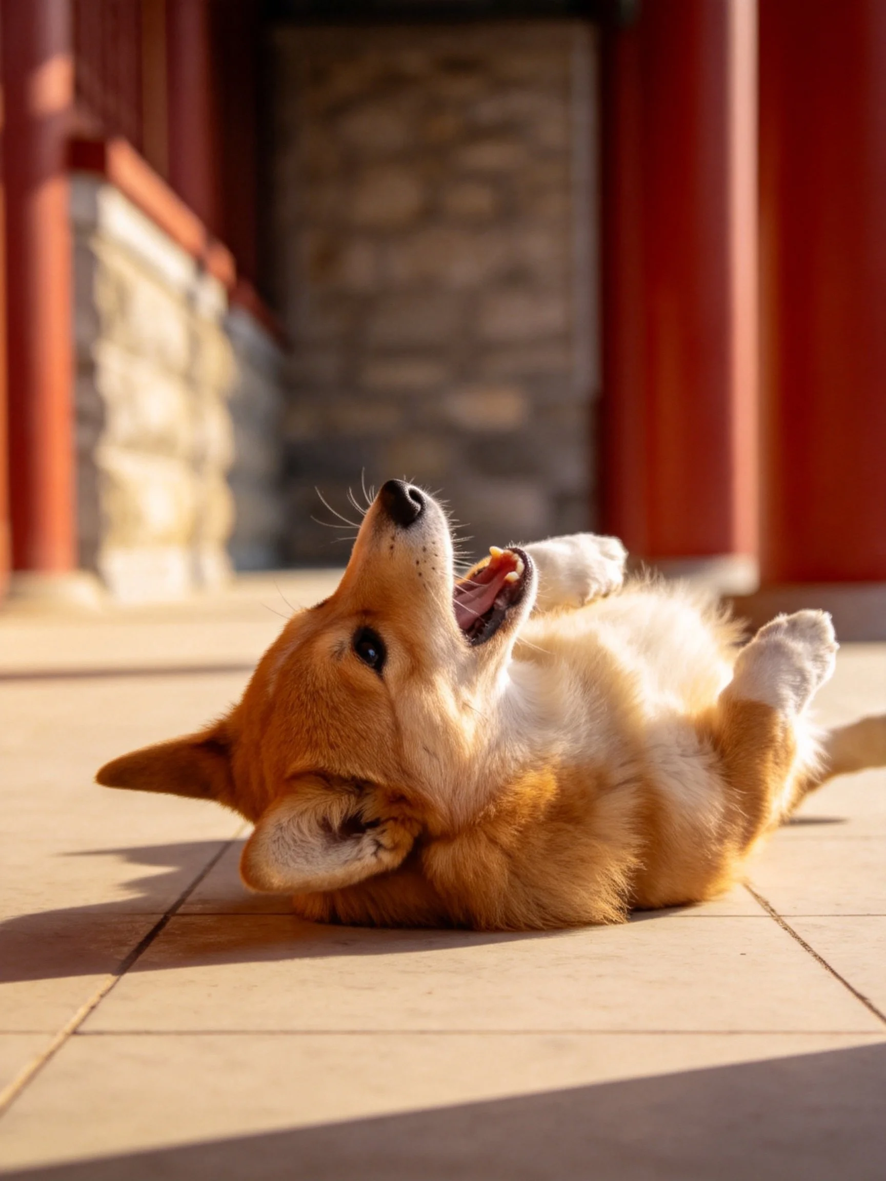 A playful corgi puppy rolls on sunlit tiles near ancient stone structures
