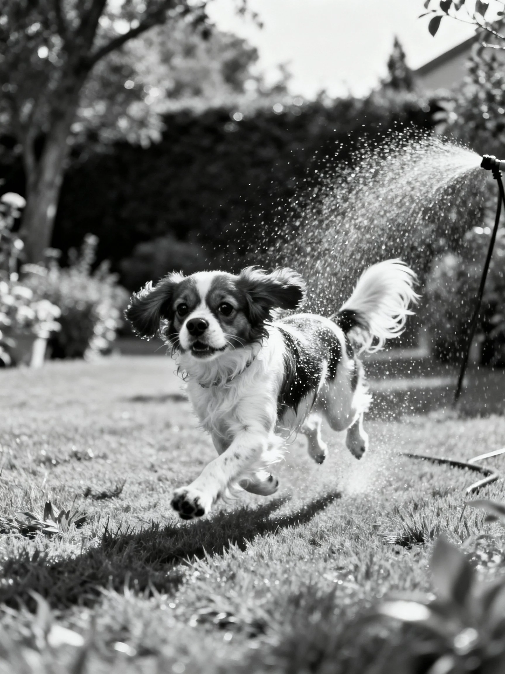 A playful dog dashes through sprinkler water in a sun-drenched garden