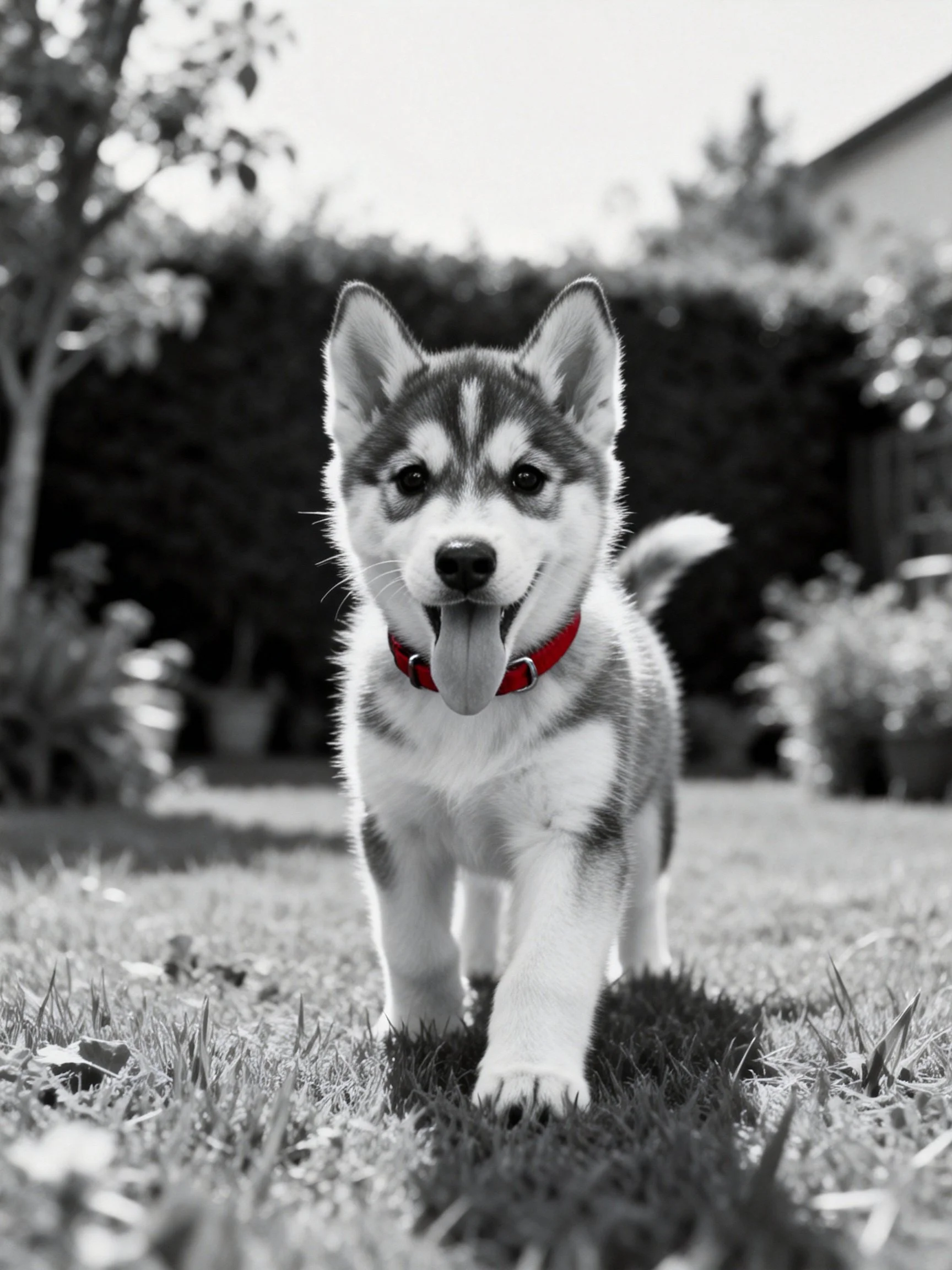 A playful husky puppy with a bright red collar in a garden