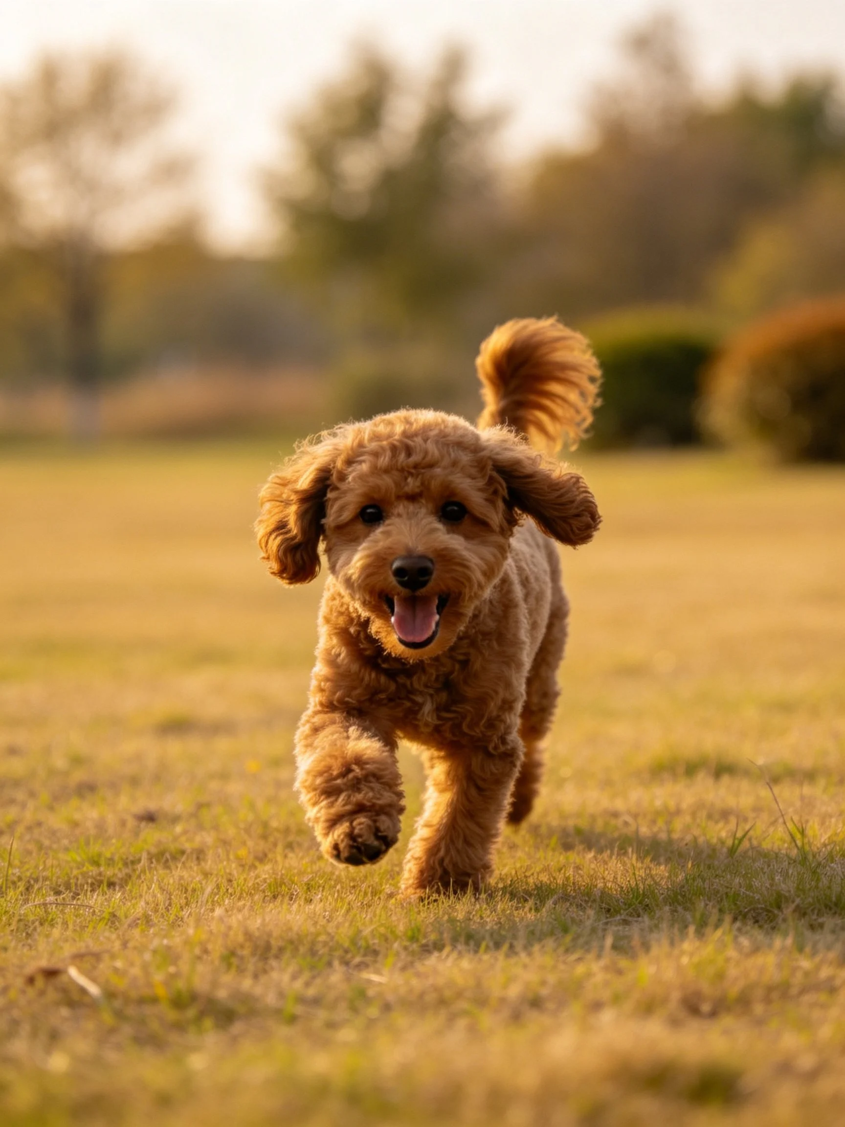 A playful reddish-brown dog running on sunlit grass