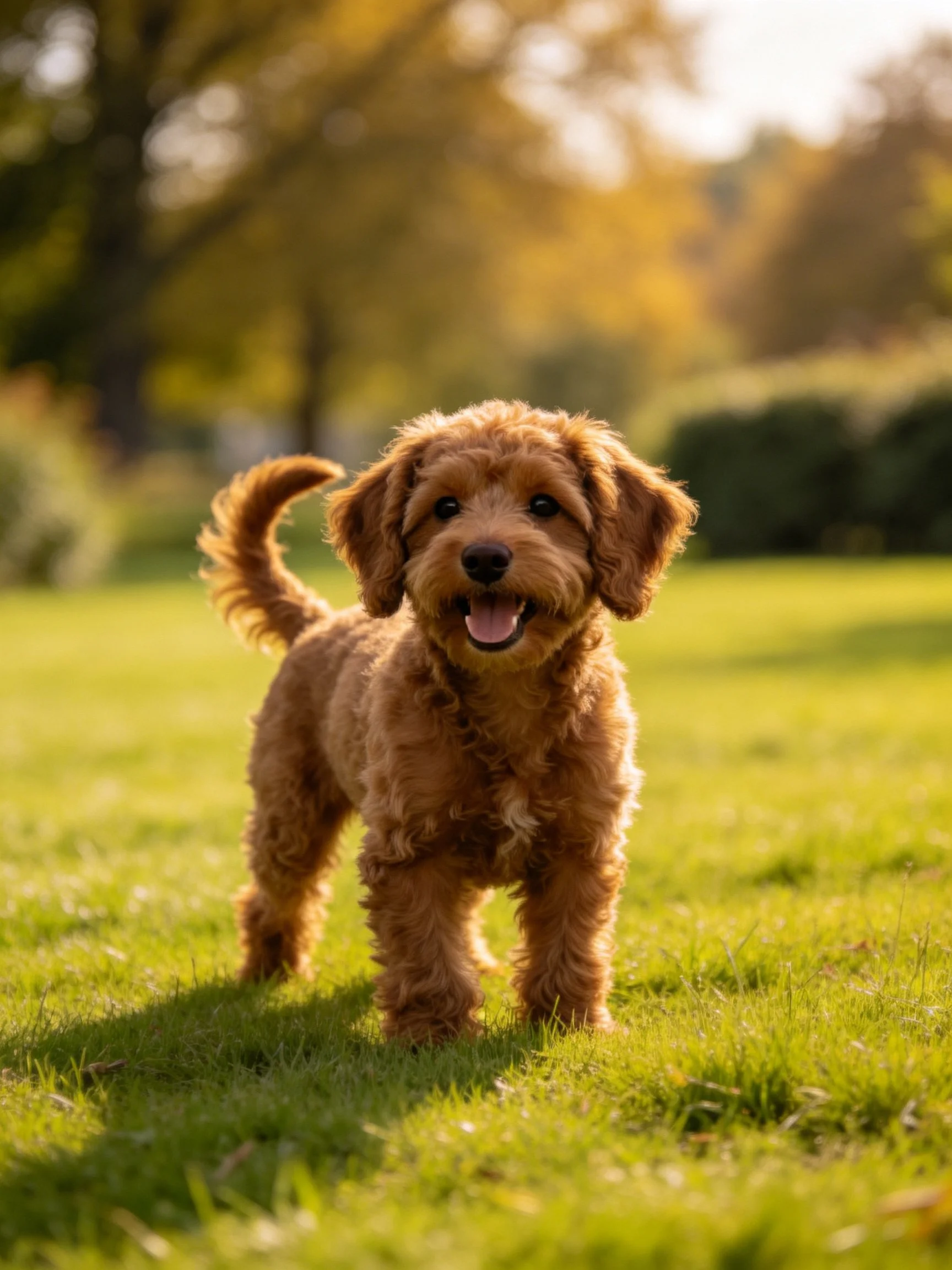 A playful reddish-brown puppy on lush green grass in a sunlit park
