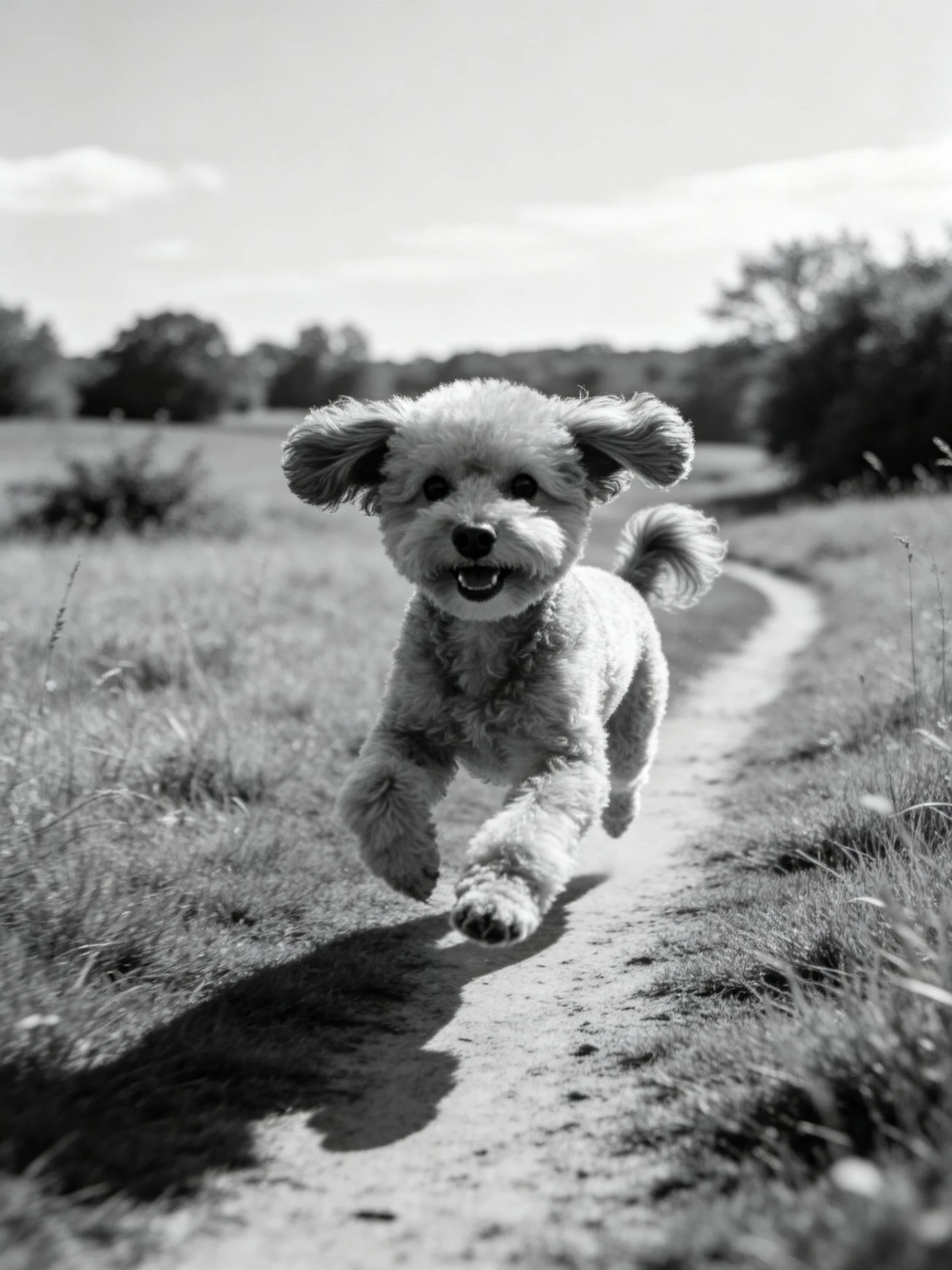 A small dog runs joyfully down a dirt path in an open field.