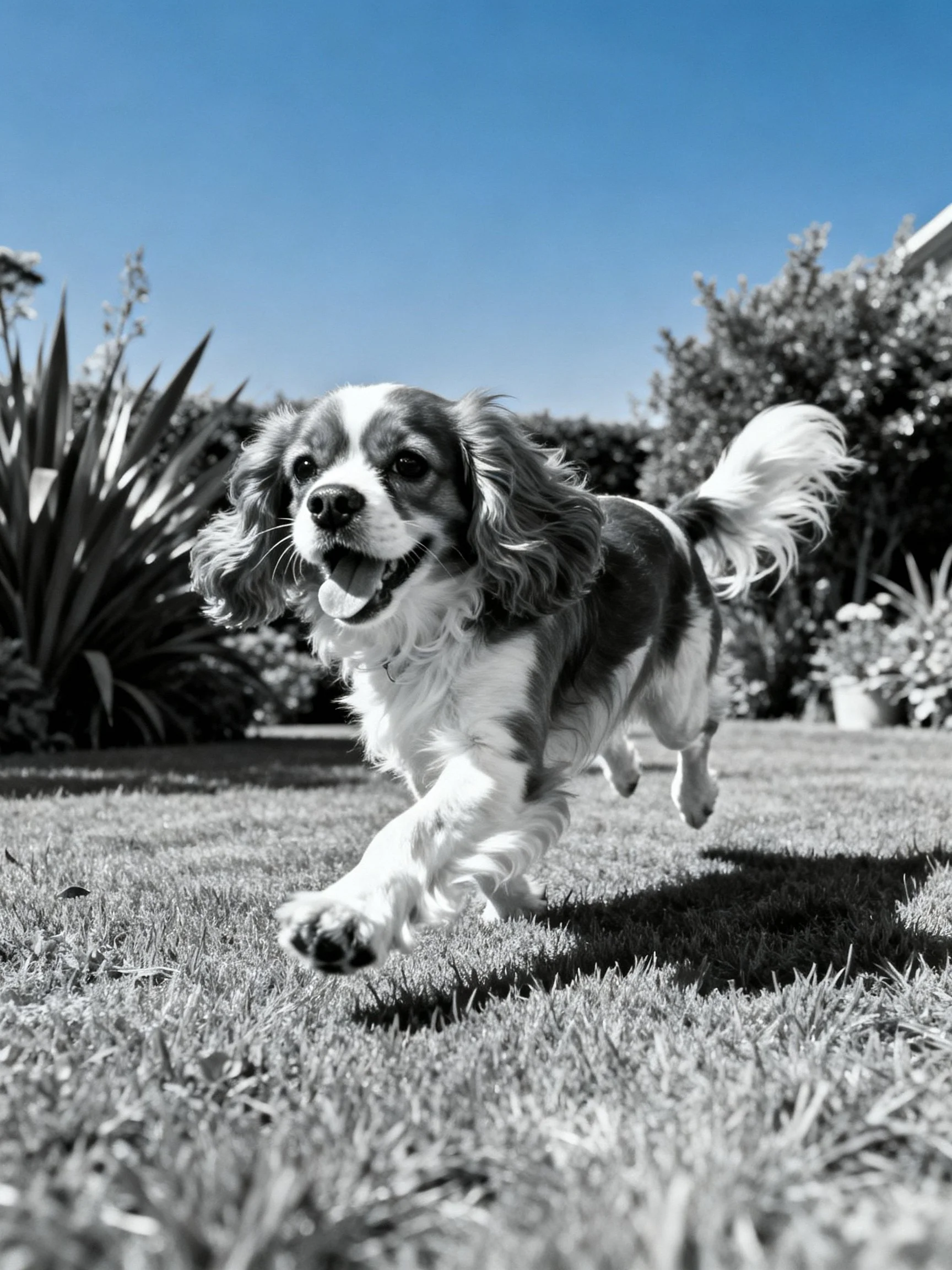 A playful spaniel runs joyfully on a sunny lawn