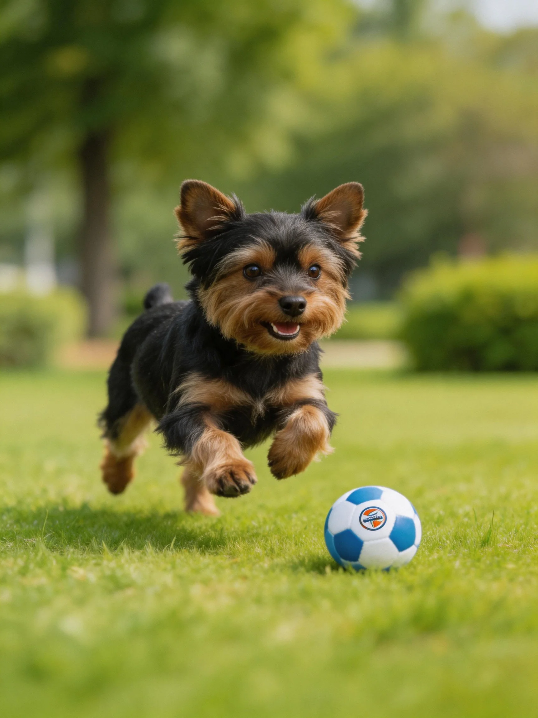 A small terrier runs toward a blue-and-white ball on green grass.