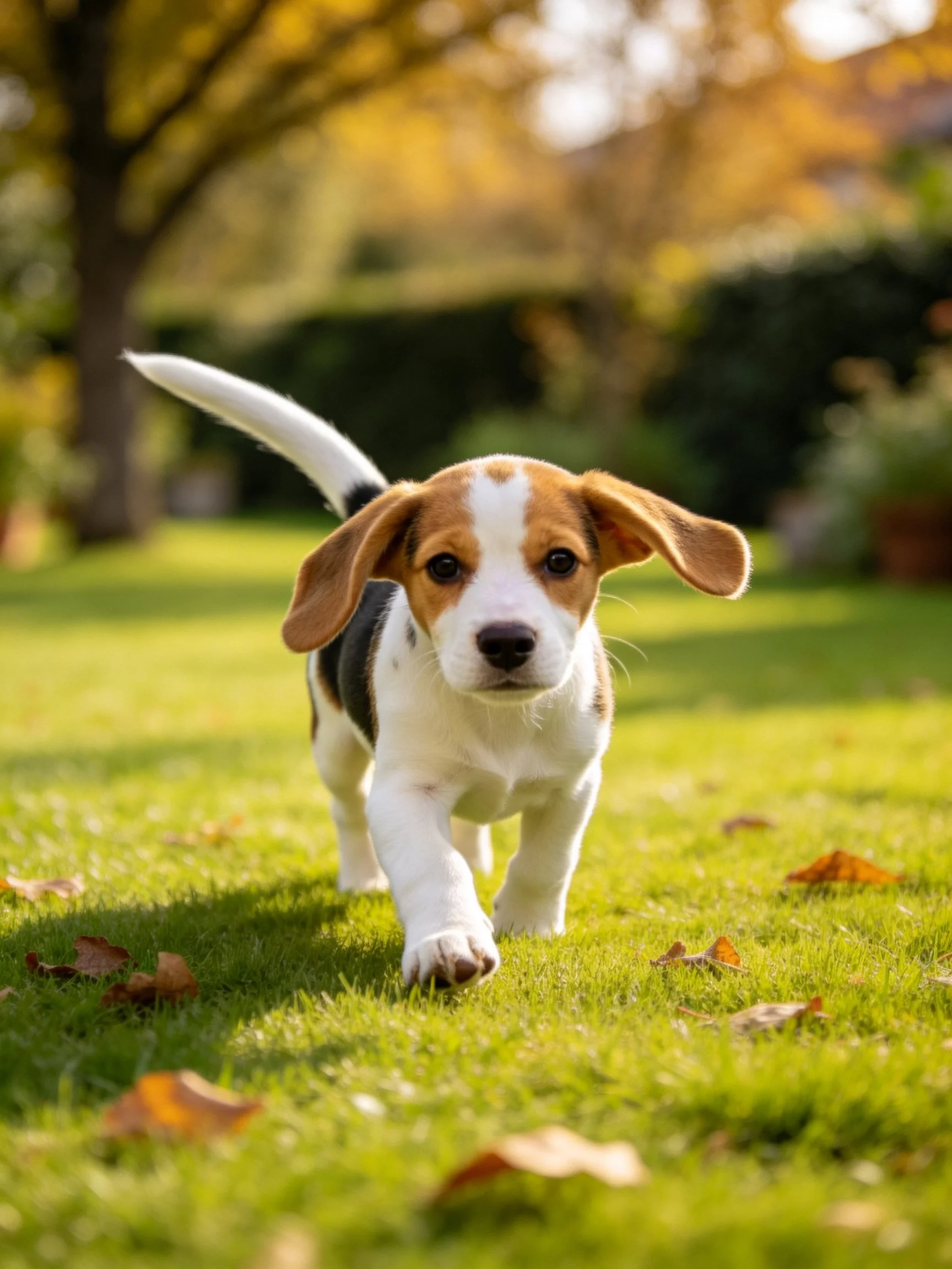 A tricolor beagle puppy walks through a sunlit grassy area with fallen leaves