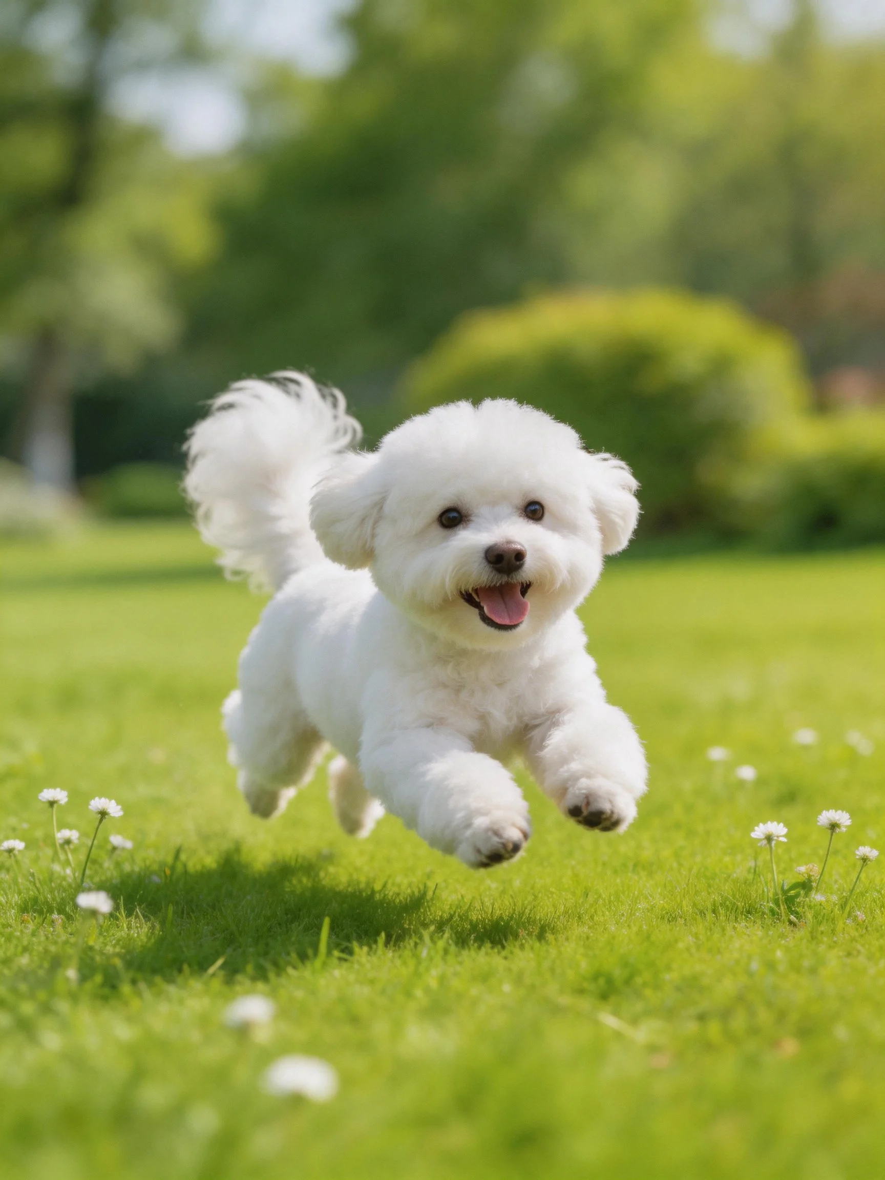 A playful white Bichon Frise runs joyfully through a flower-filled green meadow