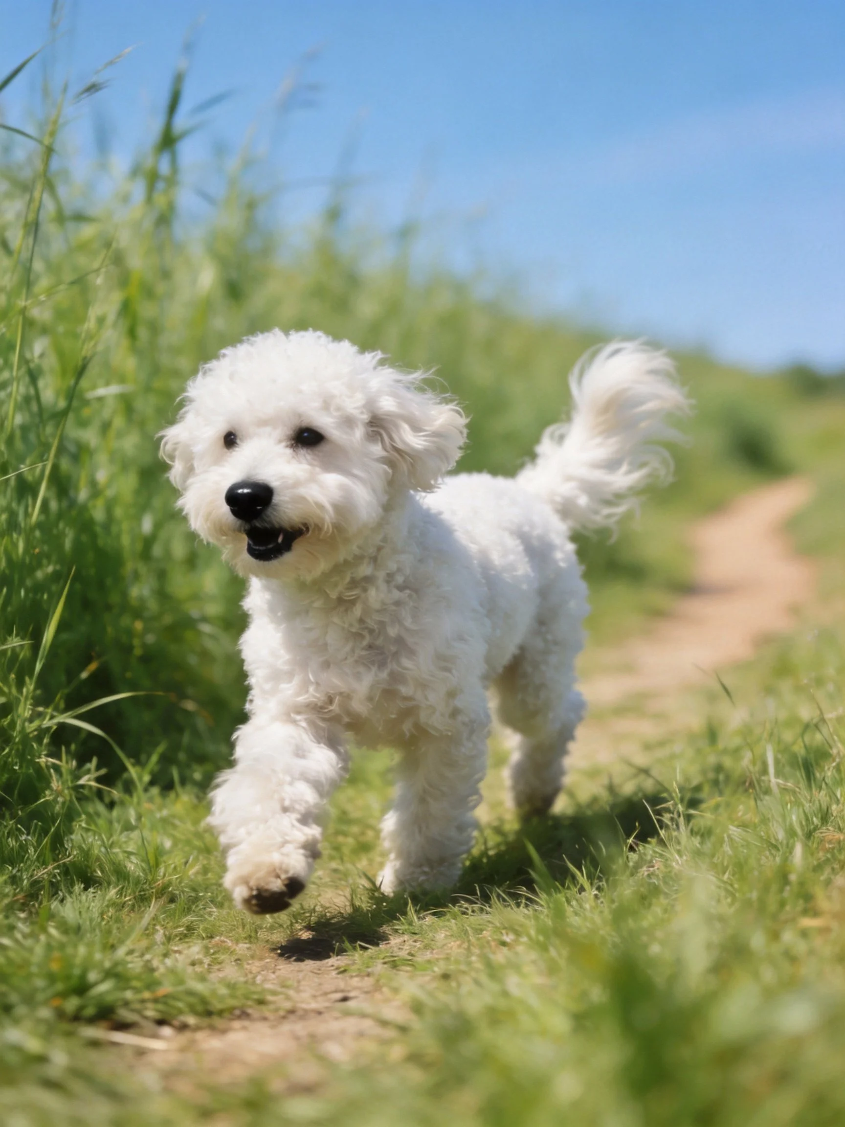 A white curly-haired dog joyfully runs on a grassy dirt path.