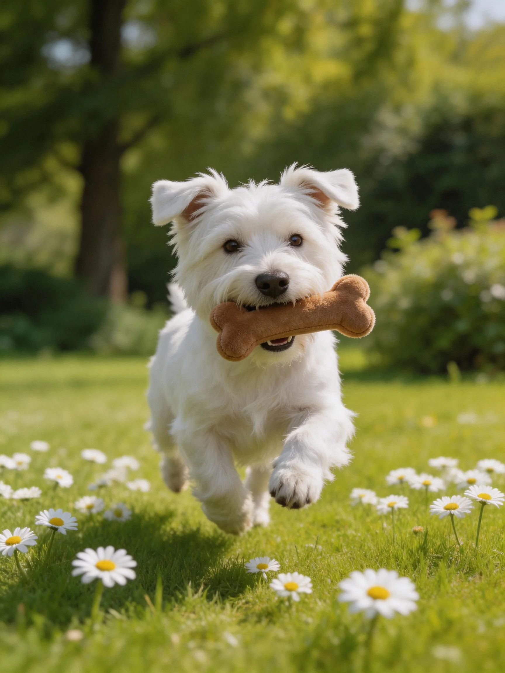 Asmall white dog joyfully runs through a daisy-filled meadow with a brown bone toy.
