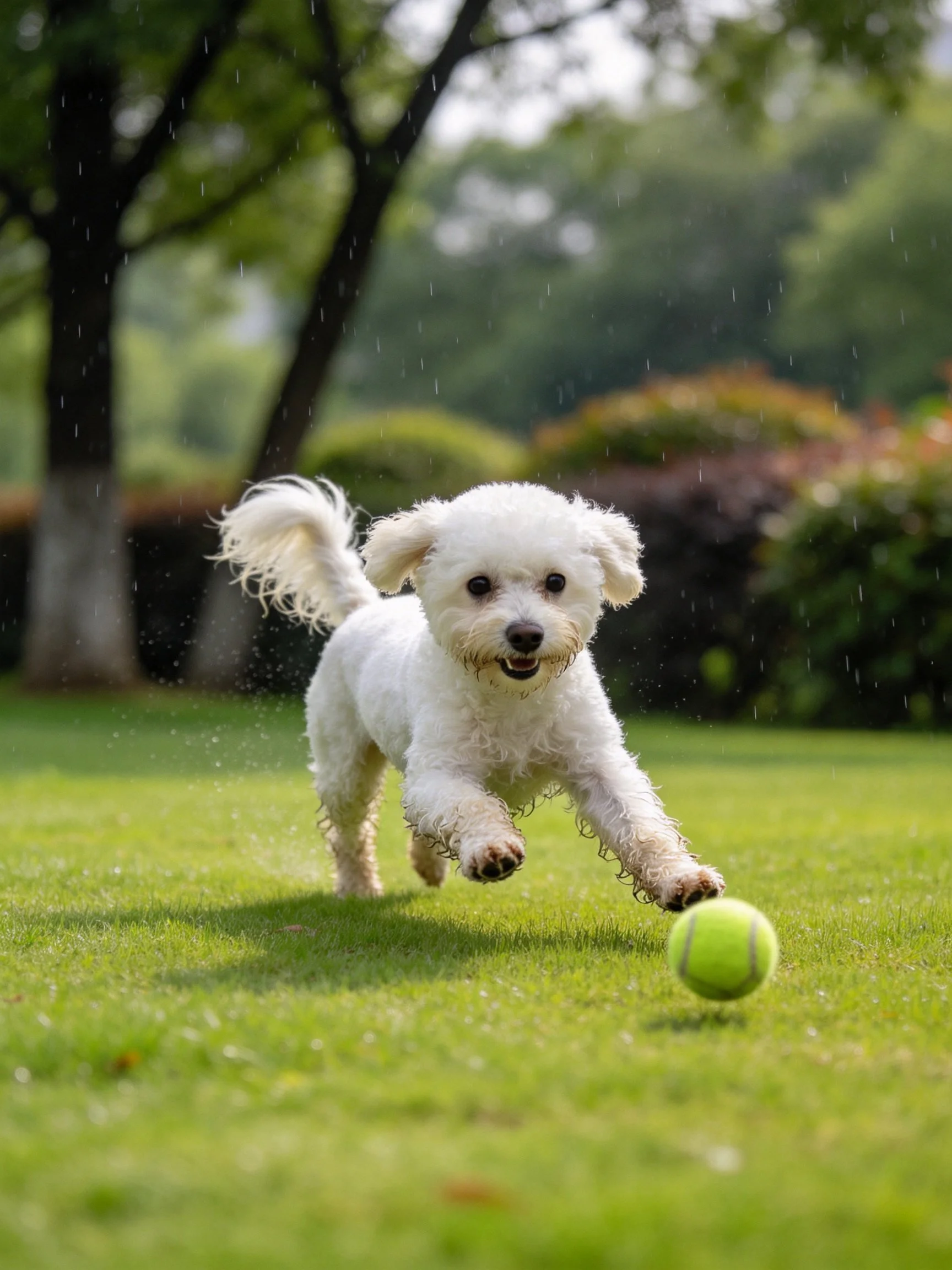 A white dog enthusiastically chases a tennis ball in a rainy, sunlit garden.