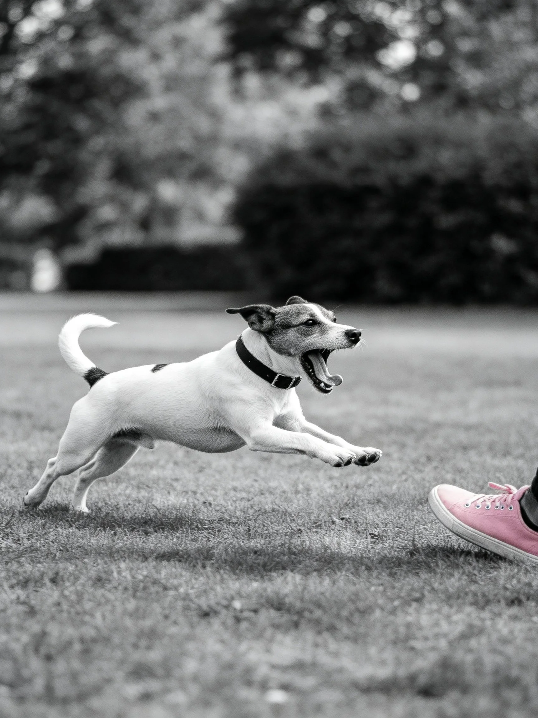A playful white dog leaps toward a pink sneaker outdoors