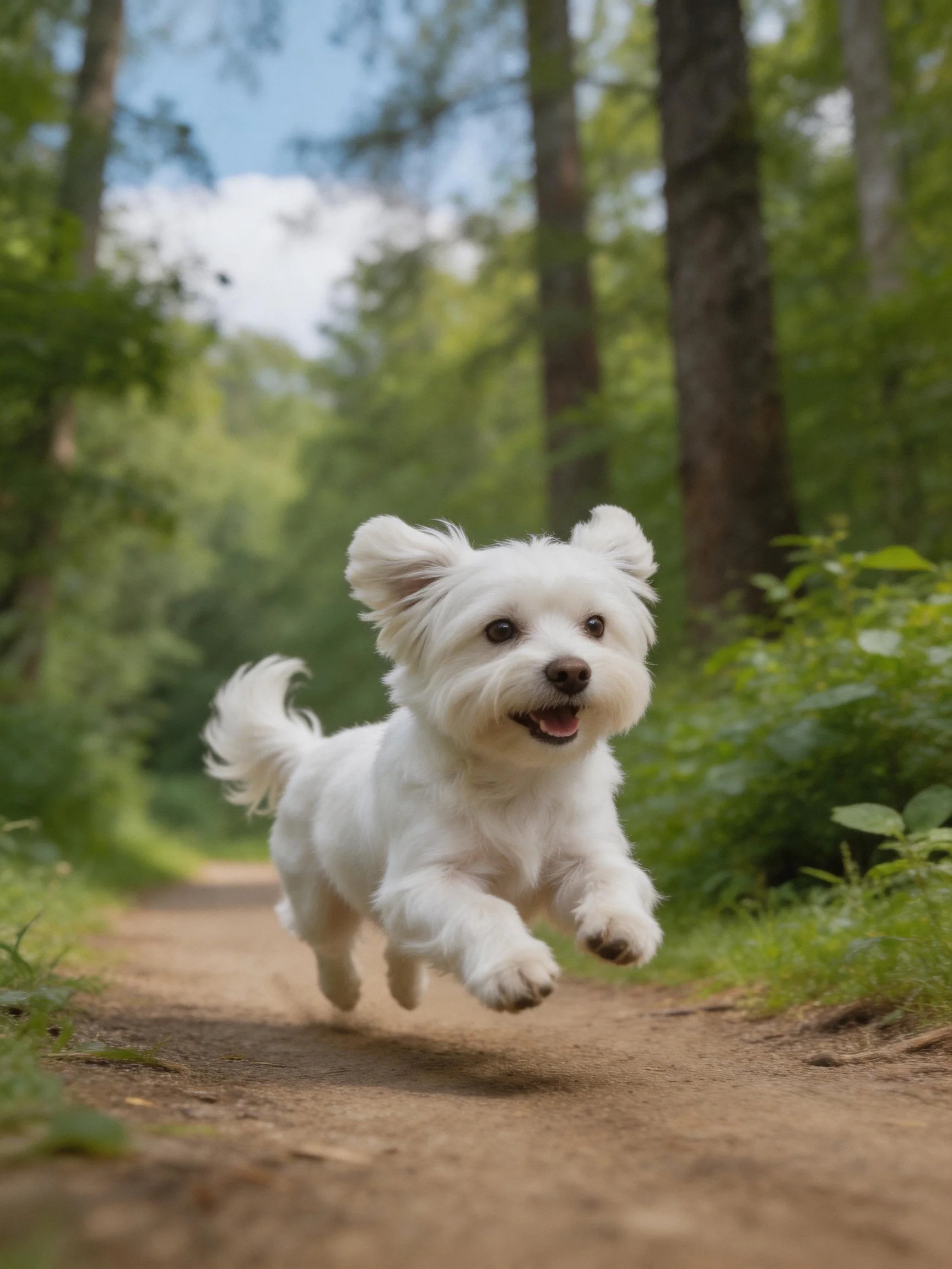 A small white dog happily runs along a wooded dirt trail.