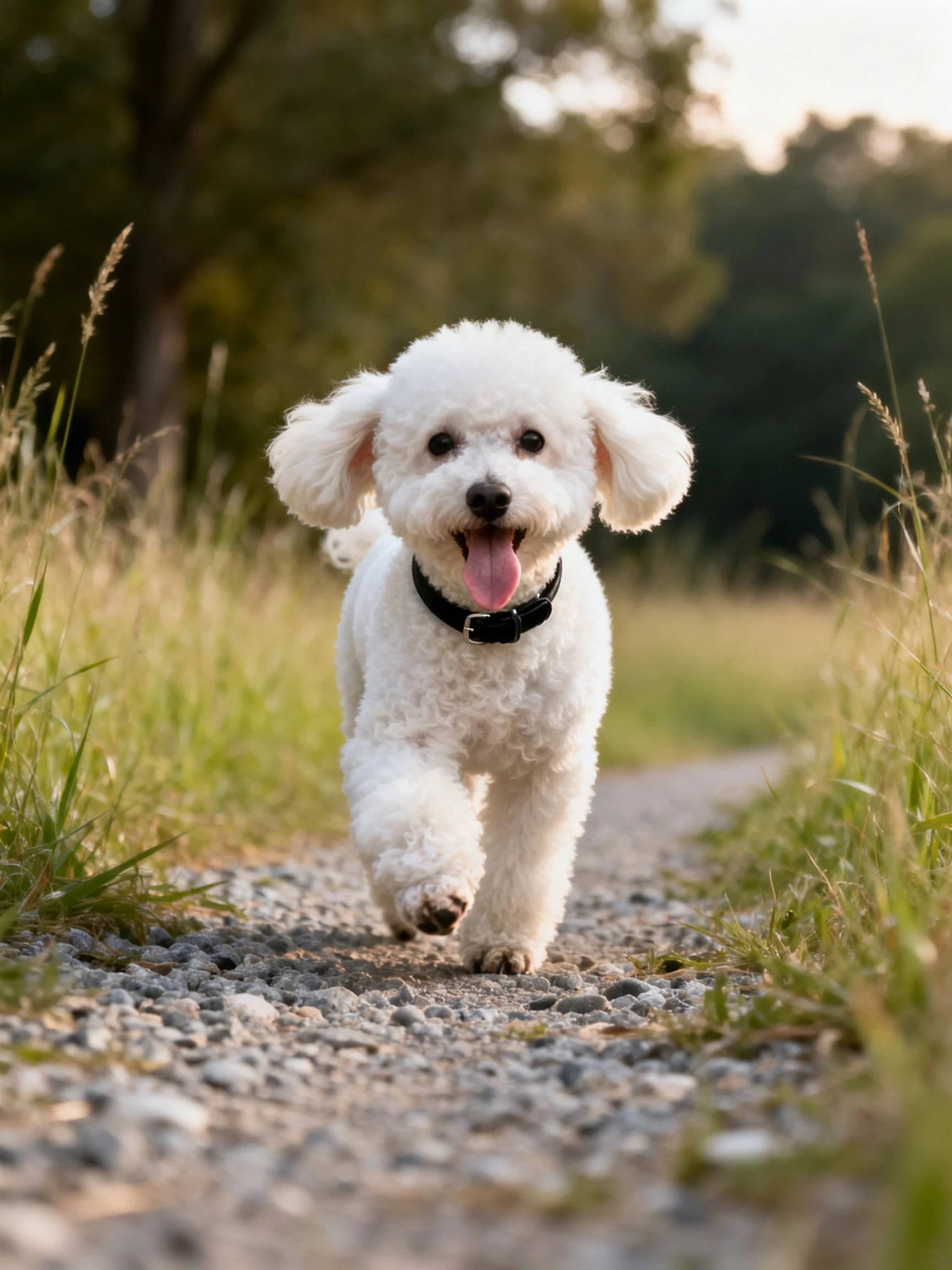 A white dog joyfully runs on a gravel path amid tall grass