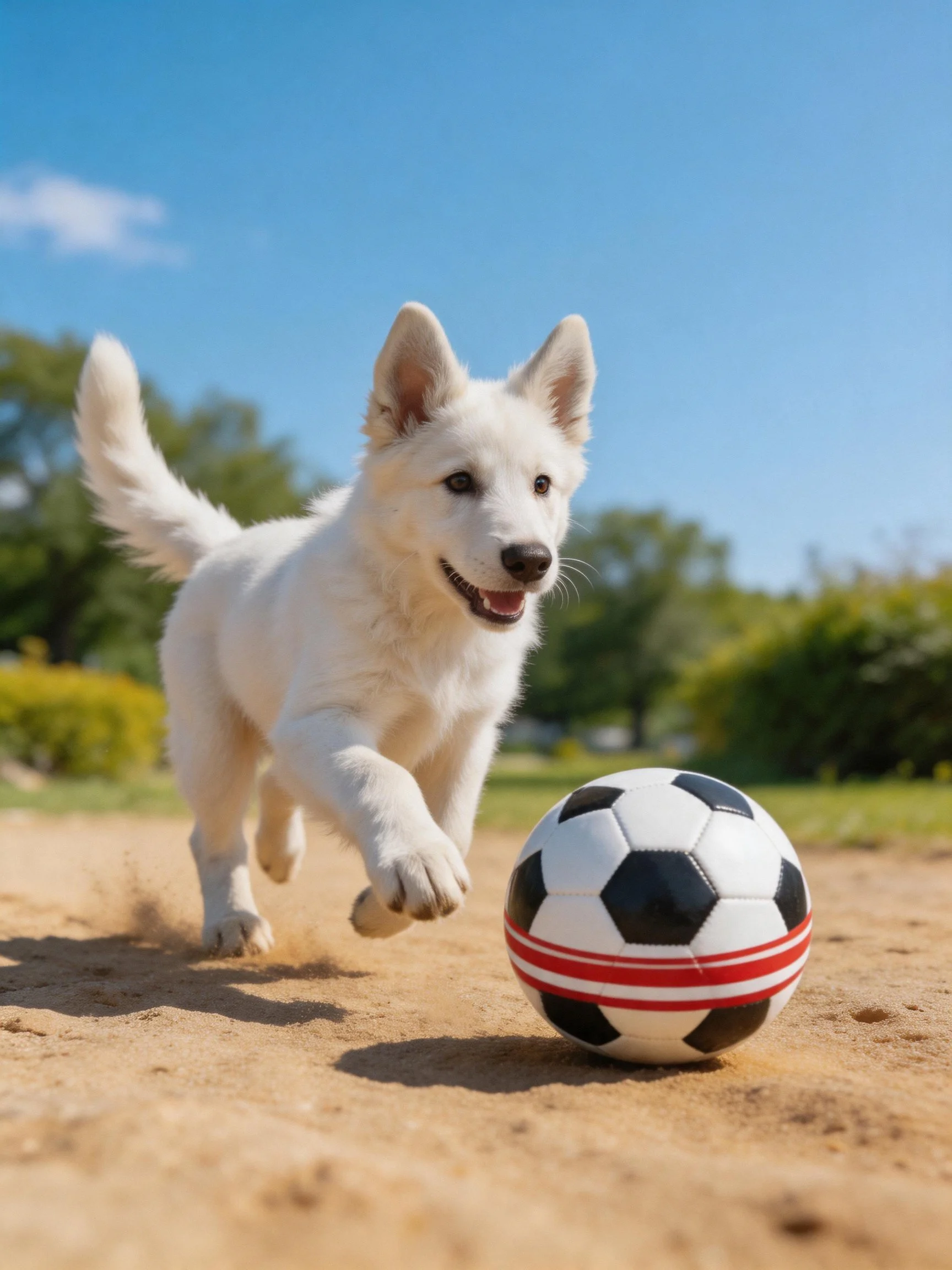 A playful white puppy chases a soccer ball in a sunny outdoor area.