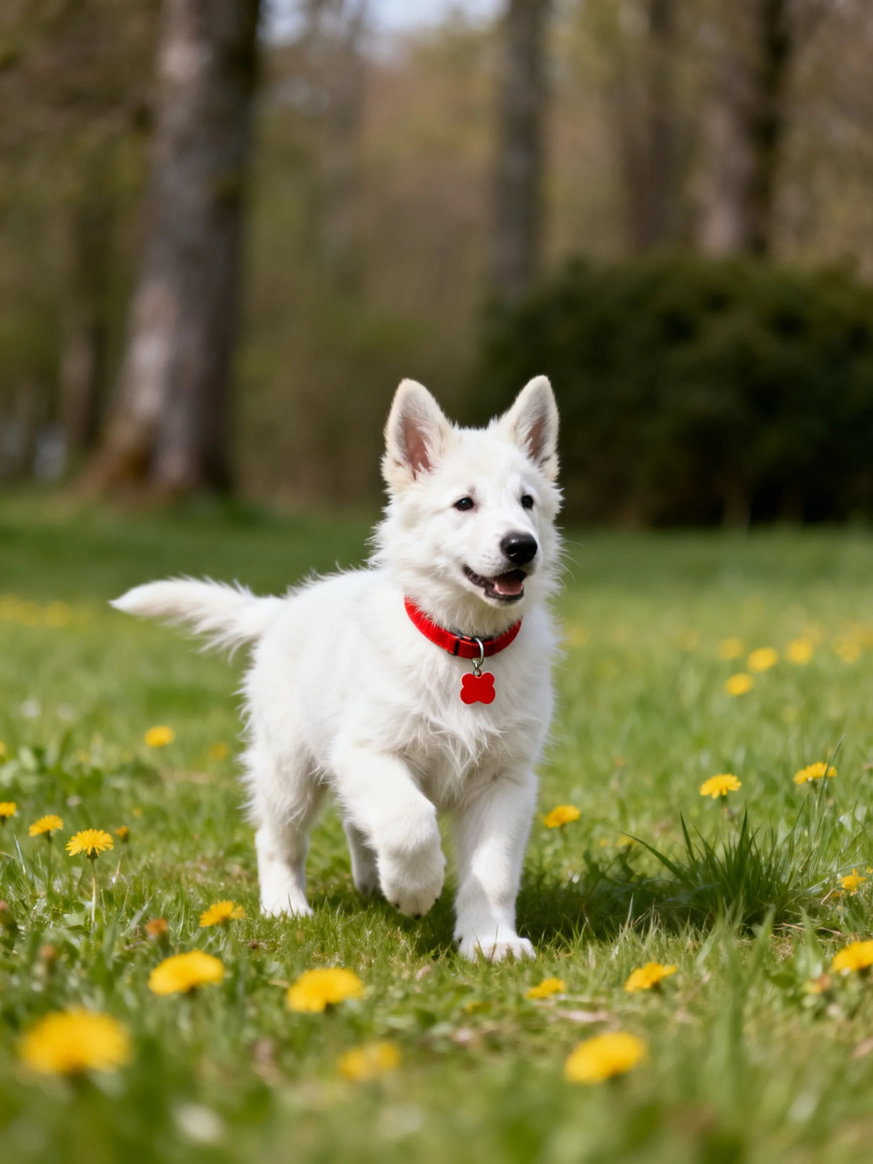 A white puppy with a red collar runs joyfully through a dandelion meadow.