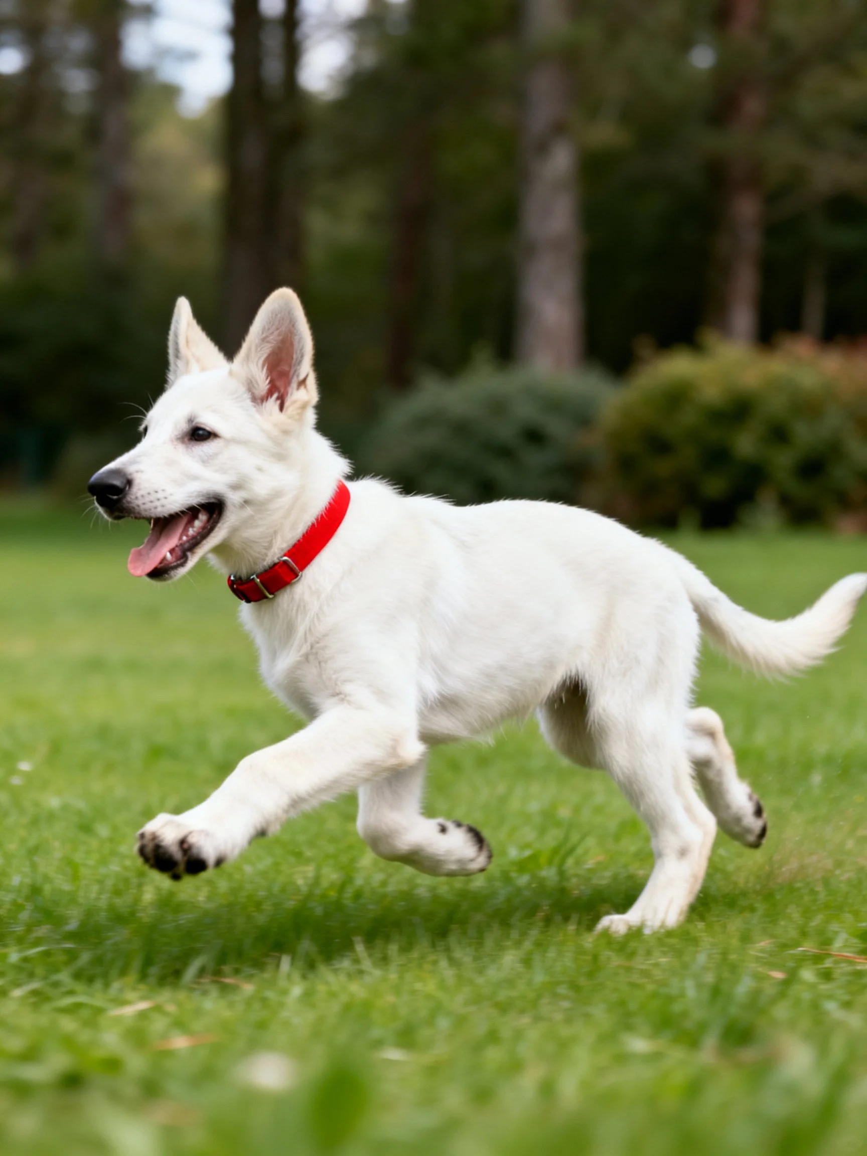 A white puppy with a red collar runs joyfully on a grassy lawn.