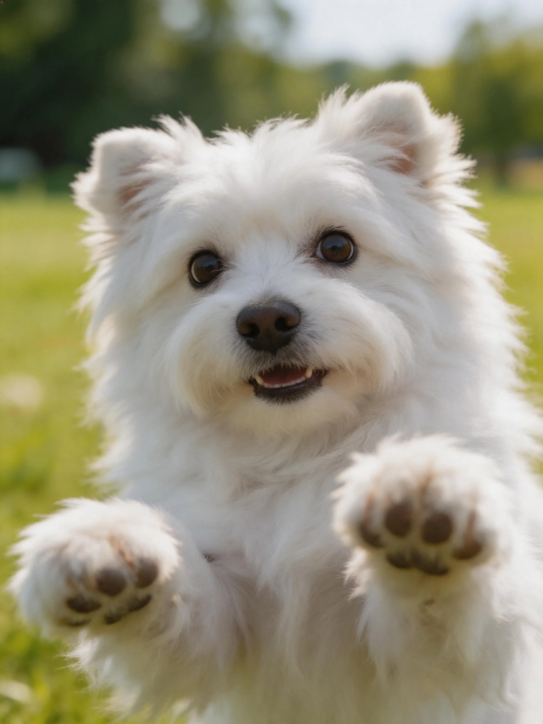 A cheerful white terrier reaches toward the camera in a sunlit outdoor area.