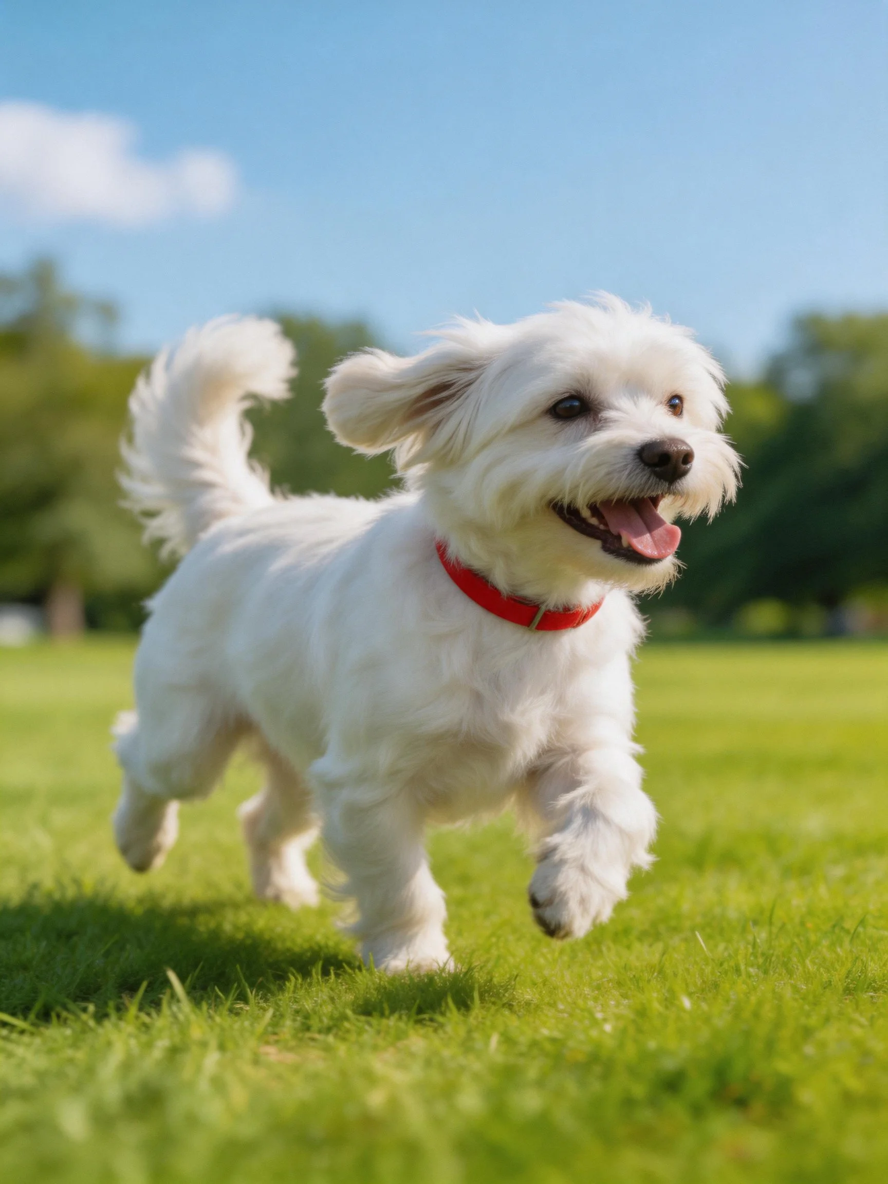 A white dog with a red collar joyfully runs on green grass in sunny weather
