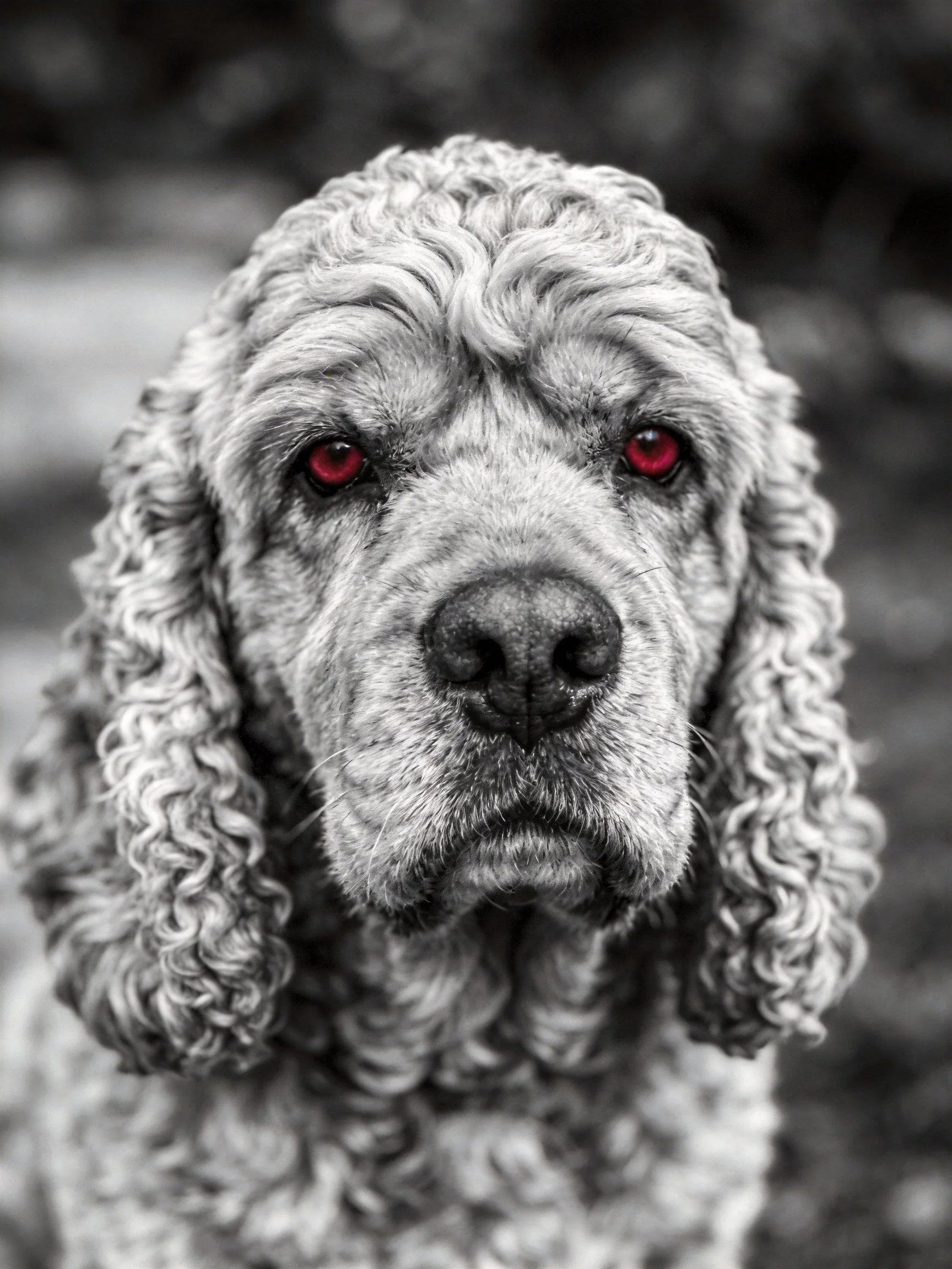 A poodle with vibrant red eyes in grayscale portrait