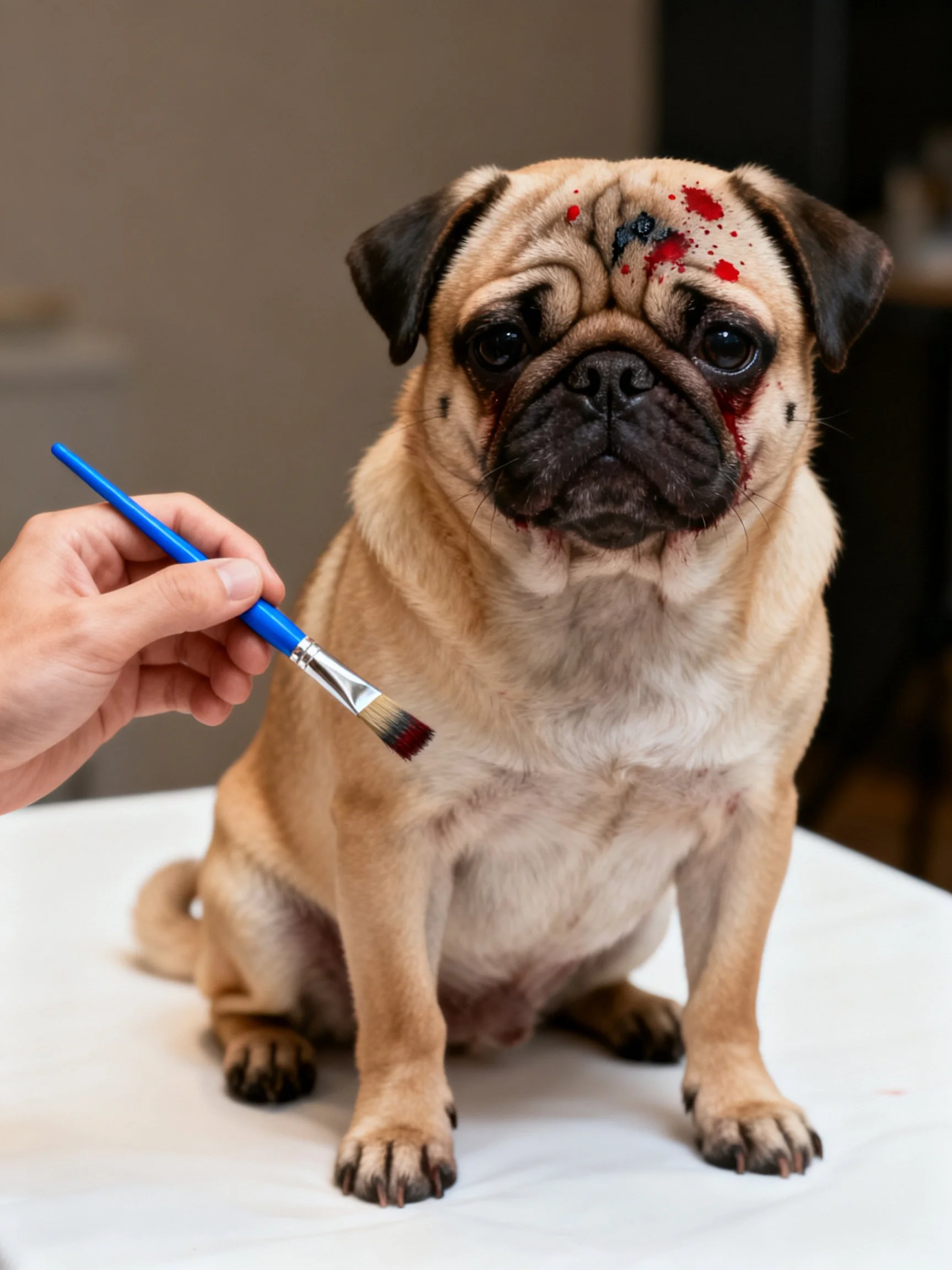 A pug dog has red paint applied to its face with a blue brush.