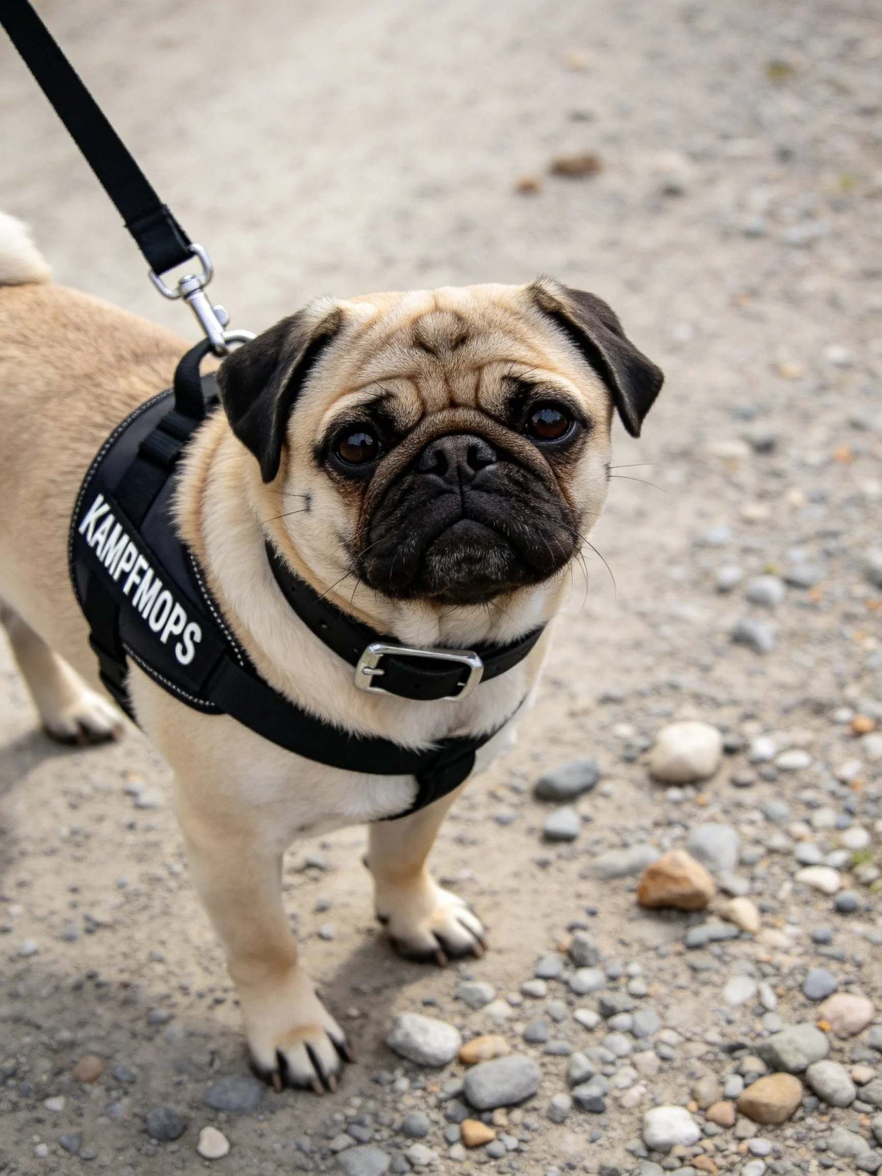A pug dog in a black harness on a gravel path