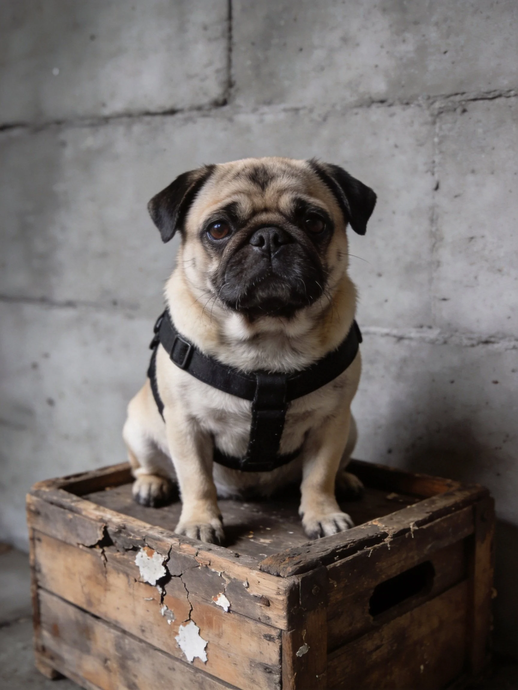 A pug dog wearing a harness rests on a weathered wooden crate beside a gray concrete wall