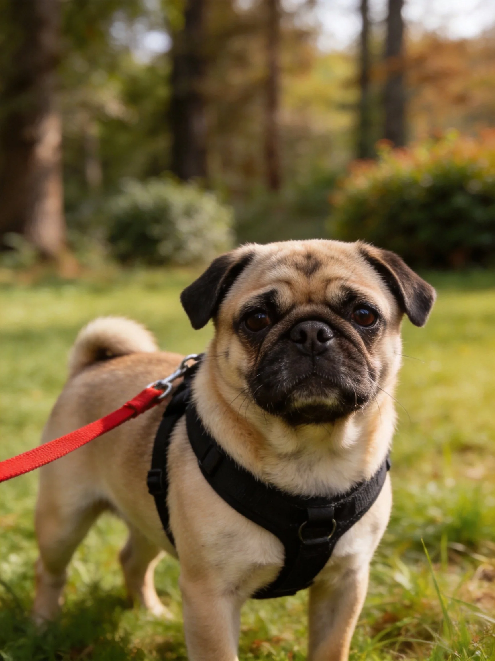 A pug dog wearing a harness and leash stands on grass in an outdoor park setting.