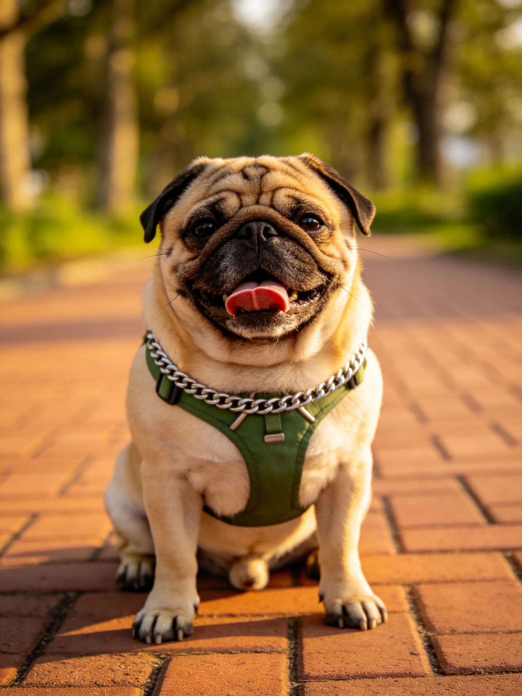 A pug dog wearing a green harness sits contentedly on a brick pathway.