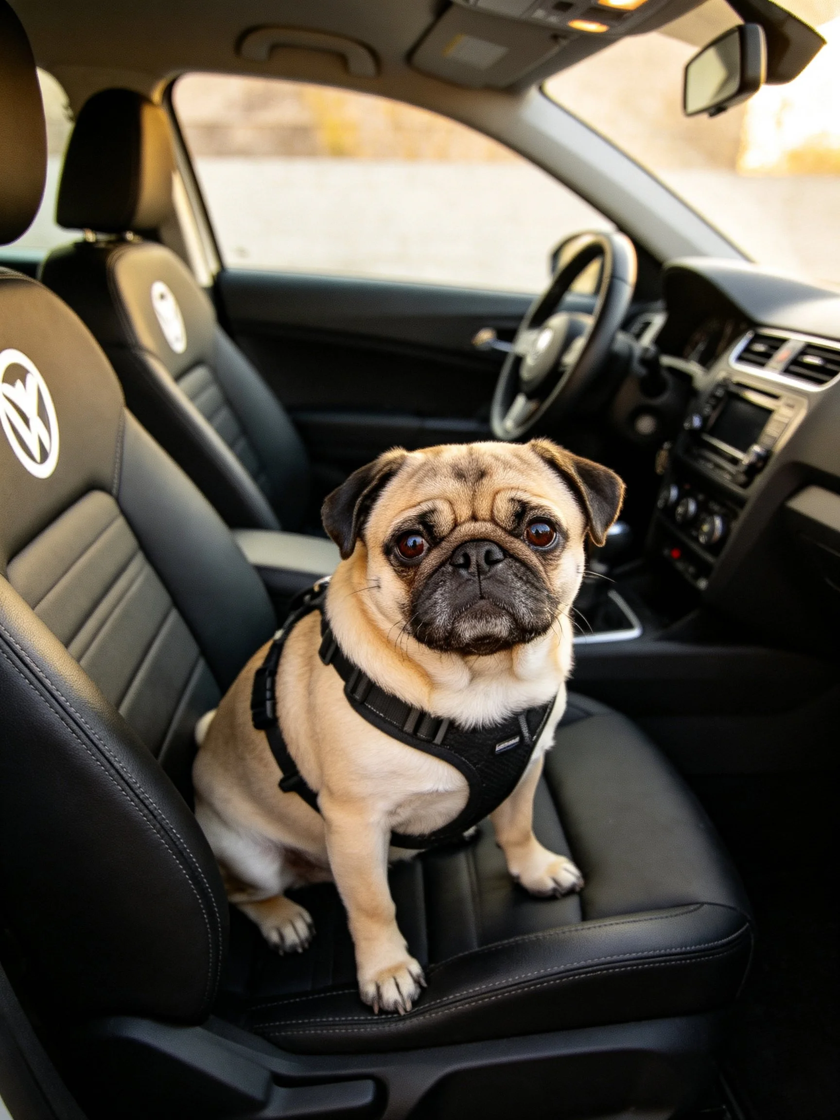 A pug dog with a harness sits inside a car with black leather seats.