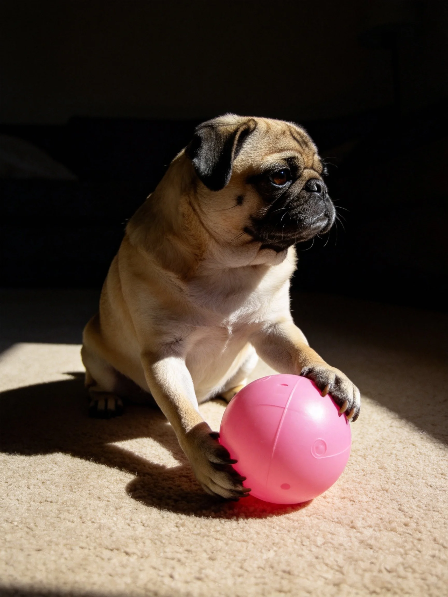 A pug dog interacts with a bright pink ball on a carpeted surface.