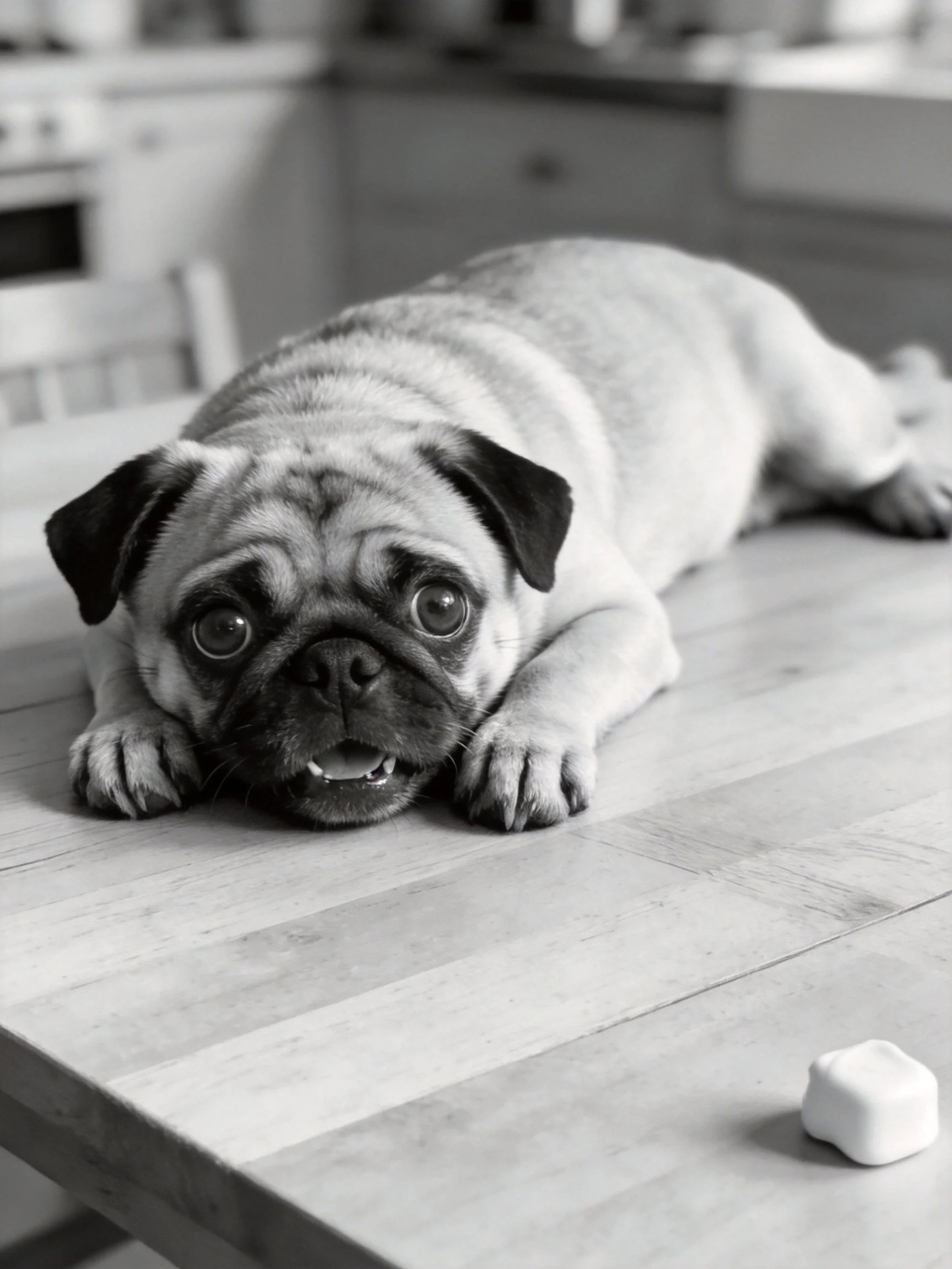 A pug dog lies on a wooden table near a small object
