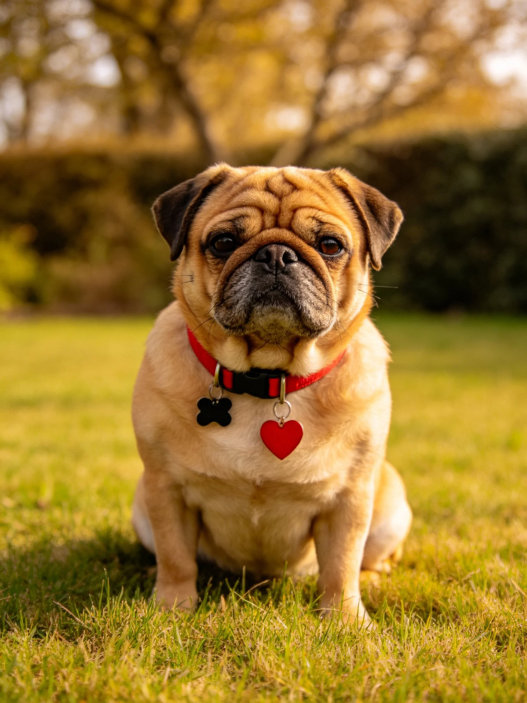 A pug dog sits on green grass in a sunlit outdoor space.