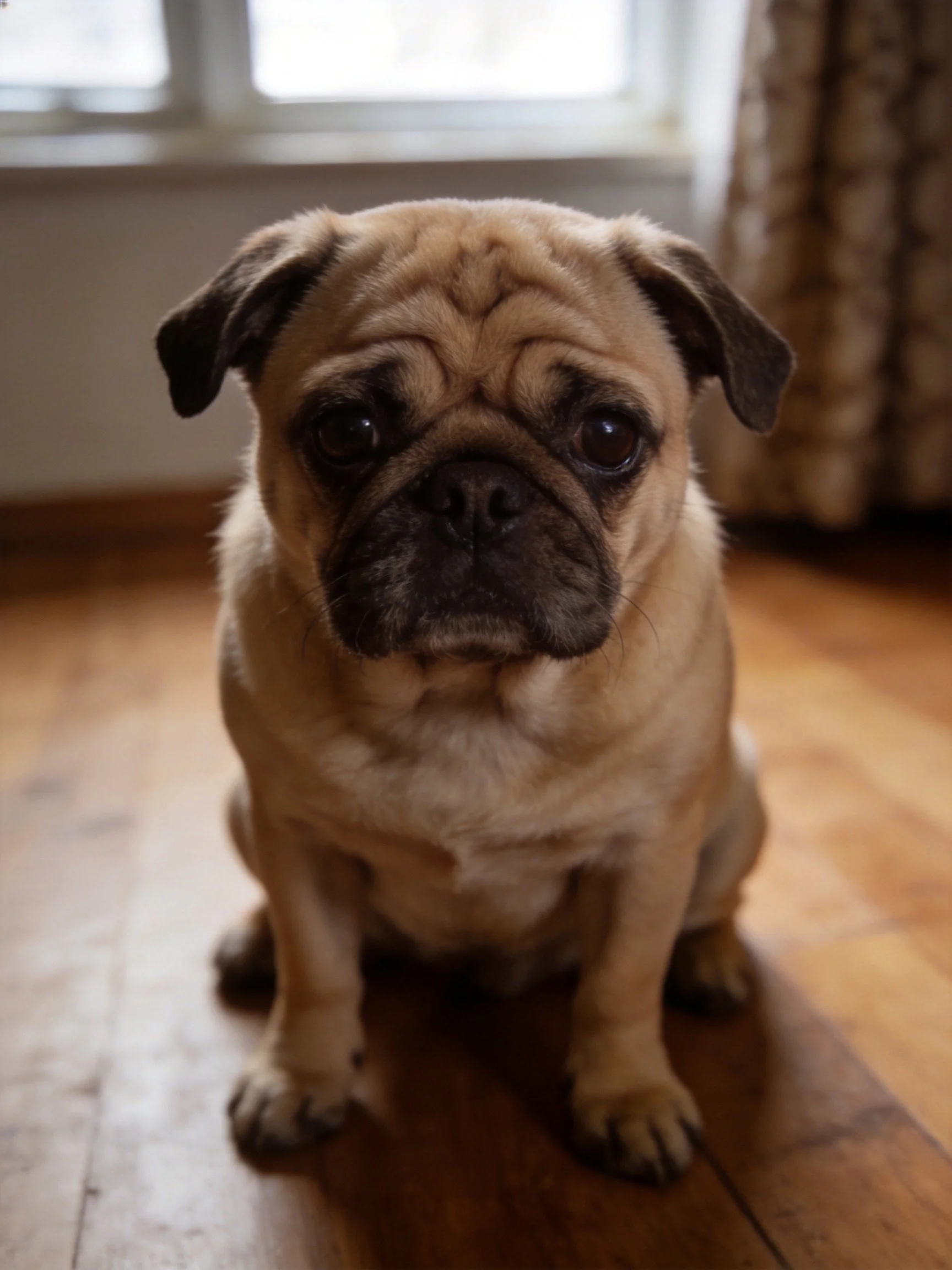 A pug dog sits on polished wood flooring near a window