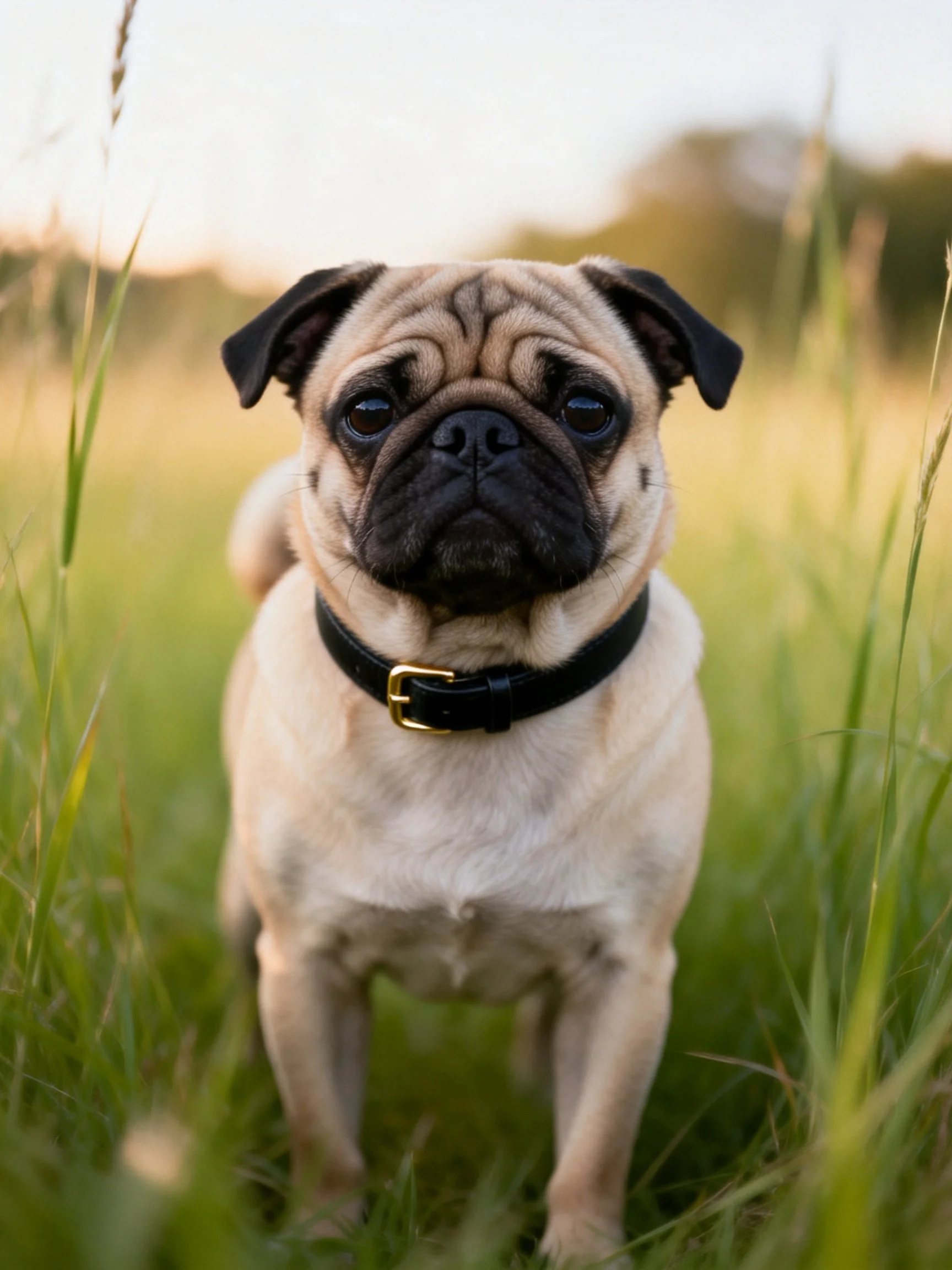A pug dog stands in tall green grass.