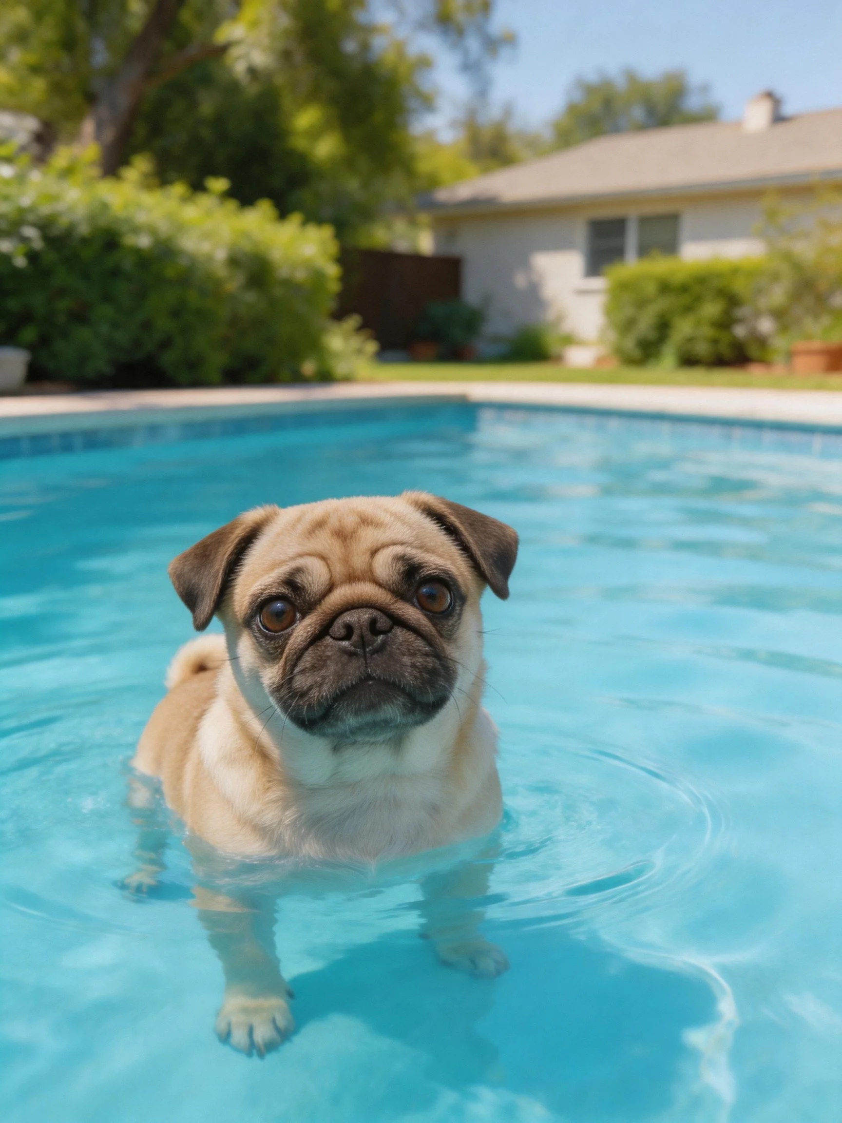 A pug stands in a bright blue backyard pool on a sunny day.