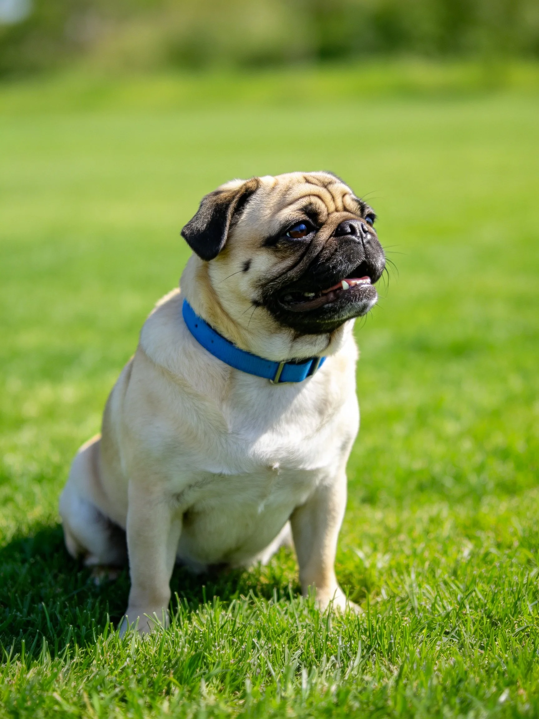A pug dog with a blue collar sits on green grass in a sunny outdoor setting.