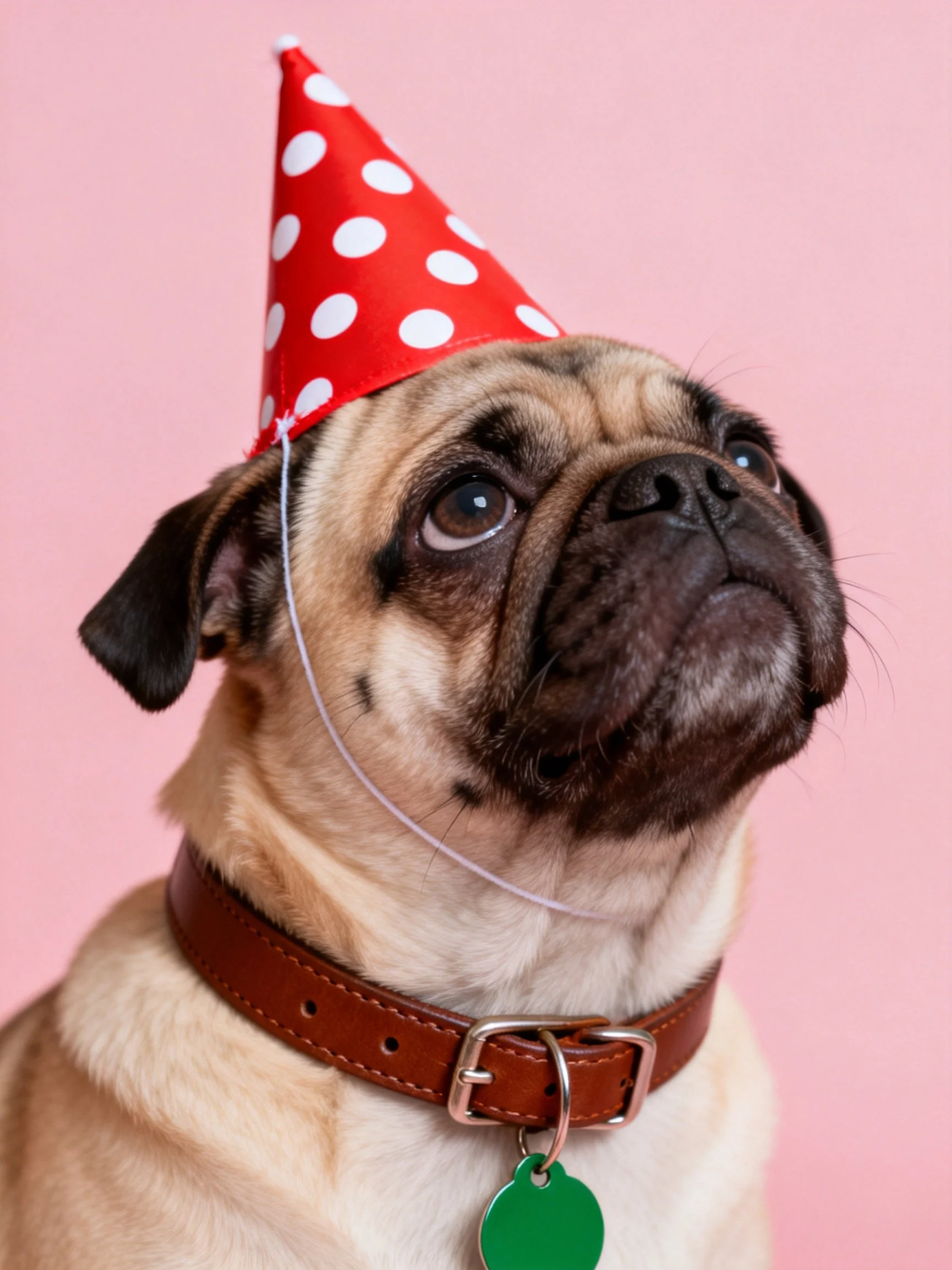 A pug dog wears a red polka dot party hat against a pink backdrop