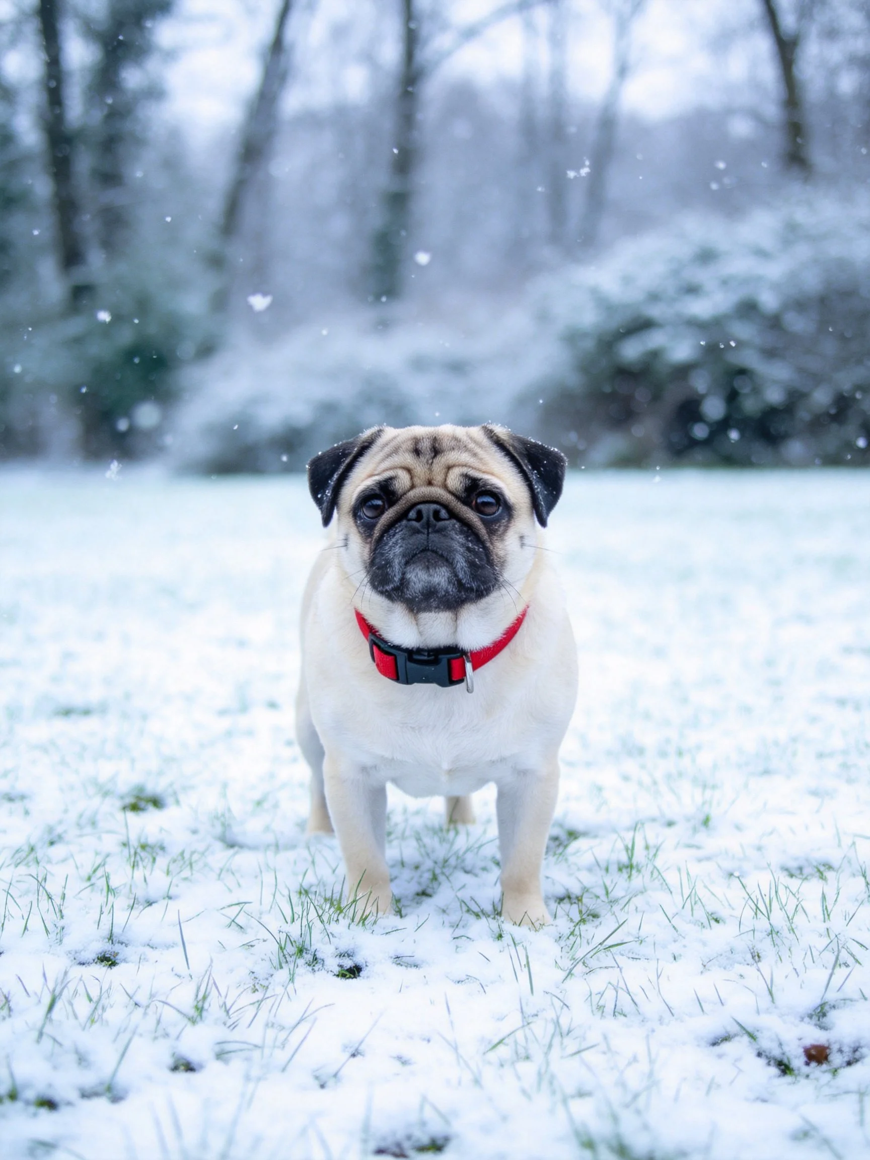 A pug dog stands in a snowy landscape with trees in the background.